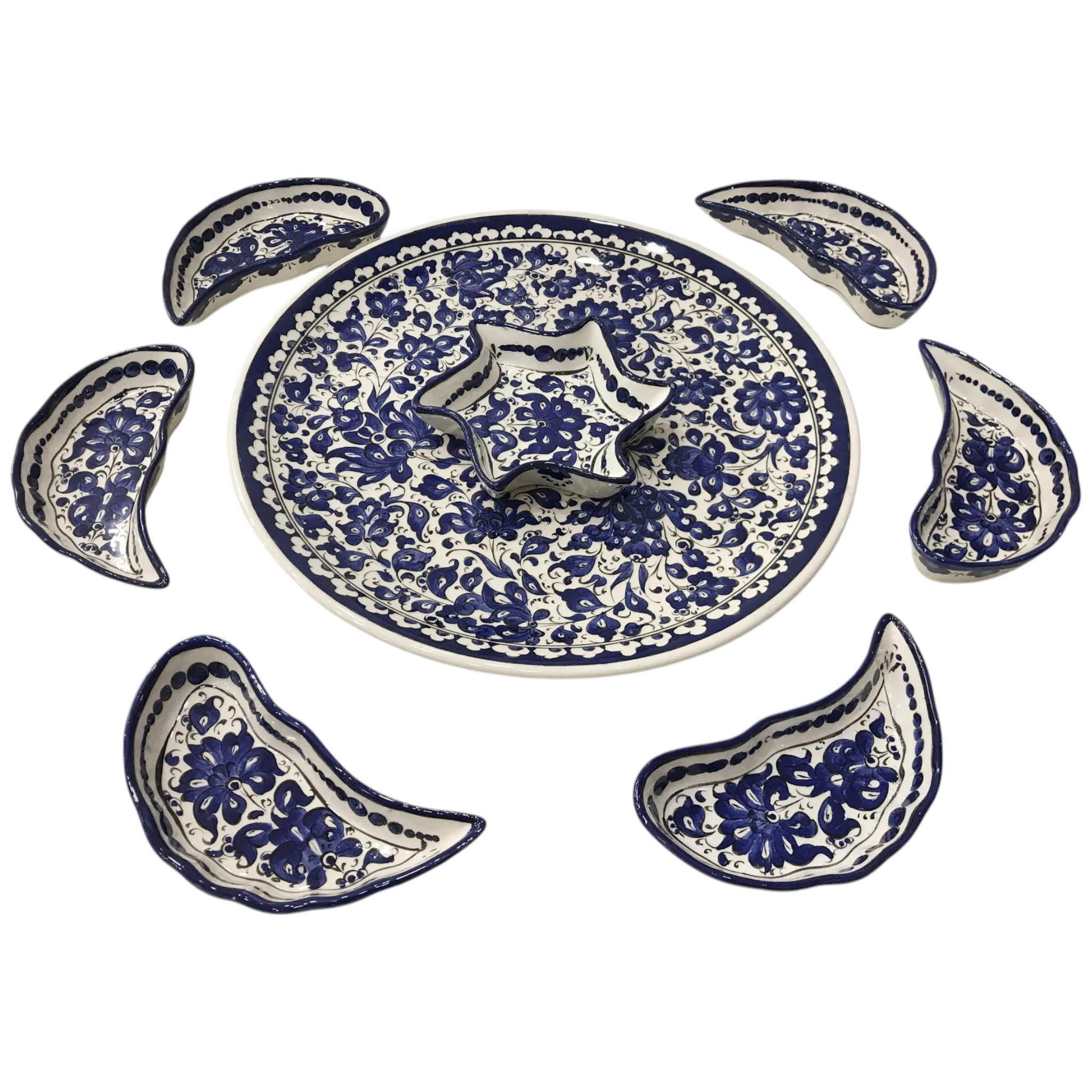 Handmade Multipurpose Ceramic Serving Platter and Dish Set - Chips, Snacks, Dips, Mezes, Breakfast & More | Zeem Ceramic - Navy Blue Lotus