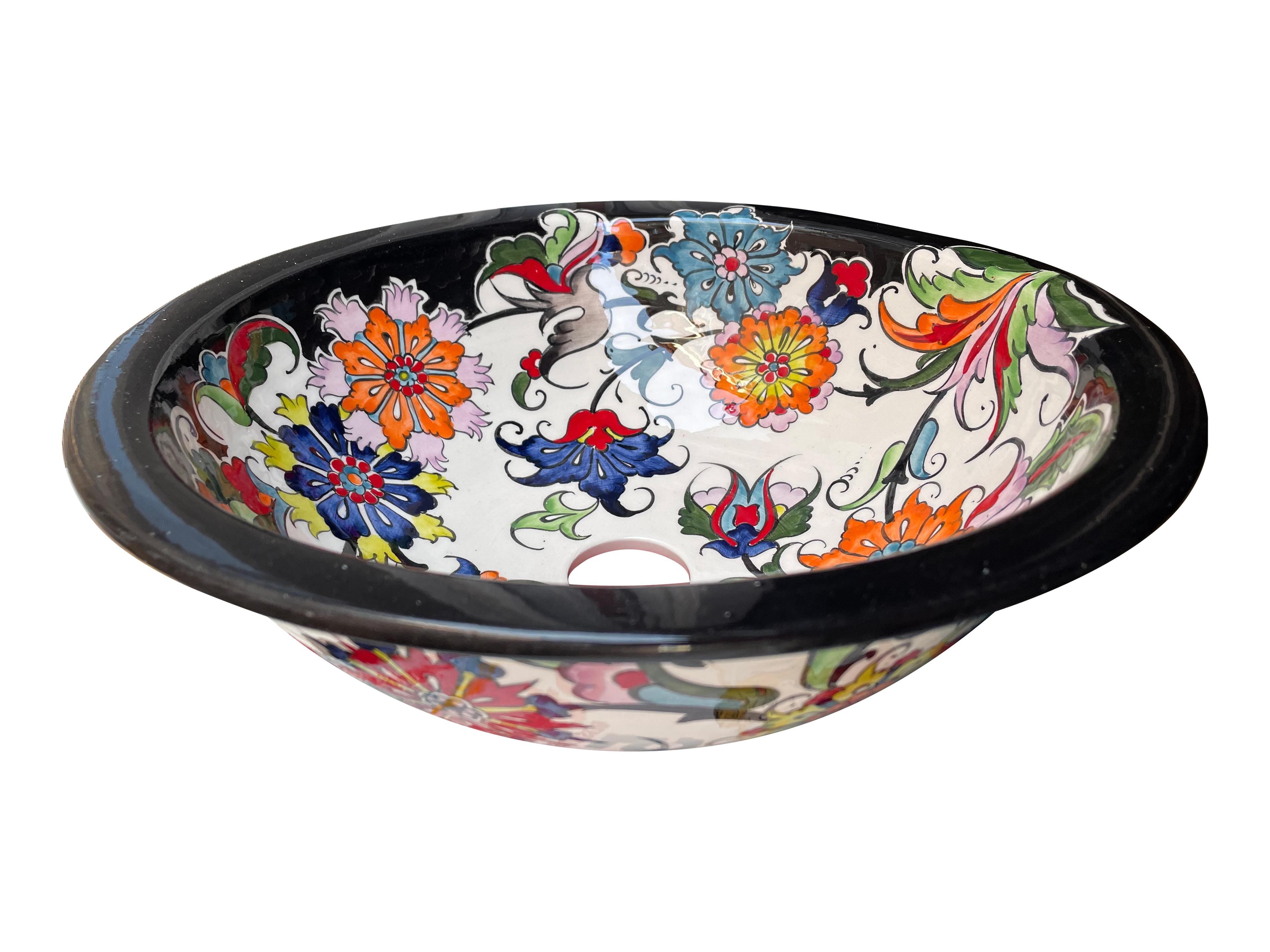 Hand Painted Bathroom Ceramic Vessel Sink Countertop - Multicolor Flowers with Black Rim