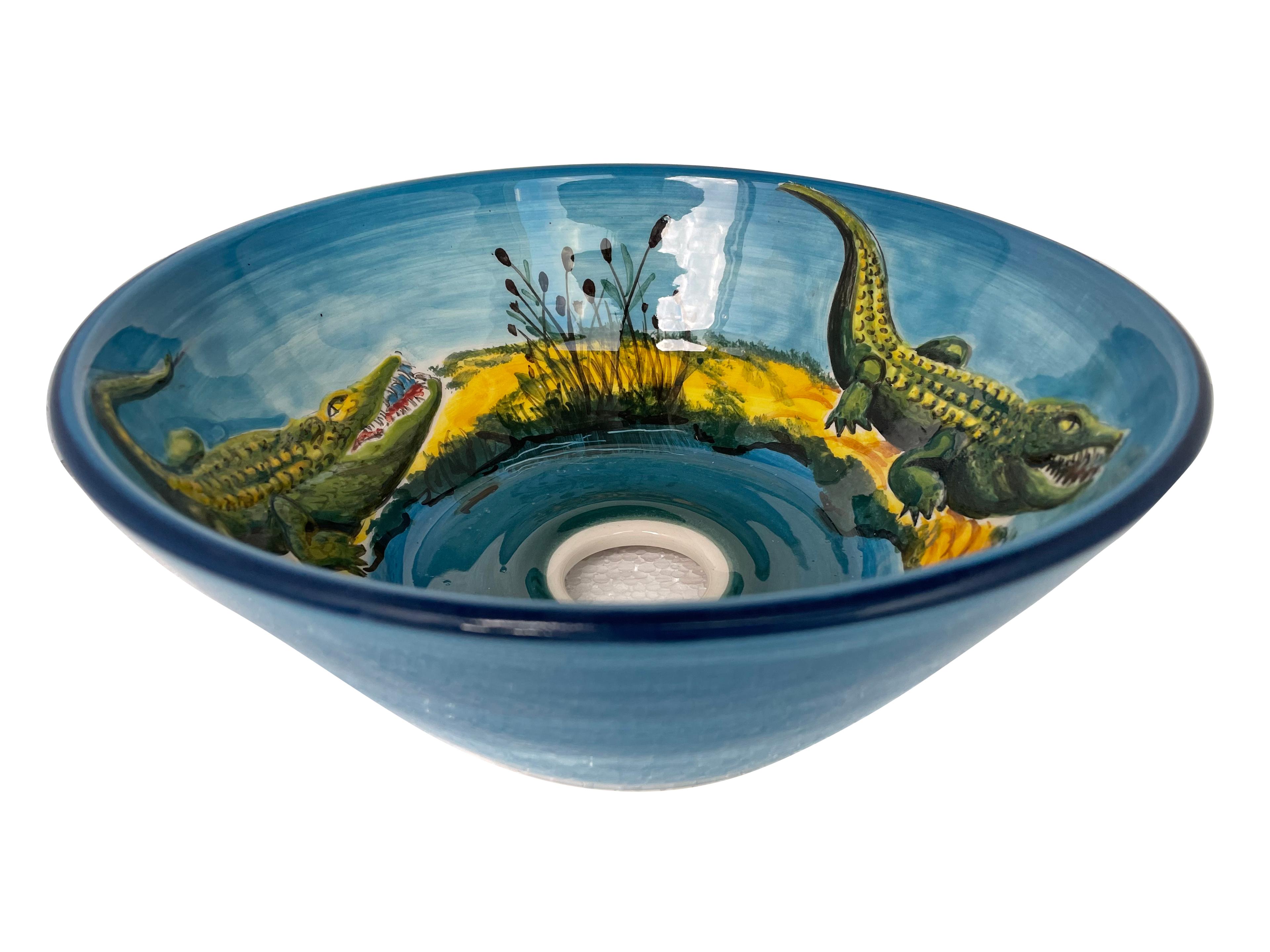 Hand Painted Bathroom Ceramic Vessel Sink Countertop - Relief Crocodiles