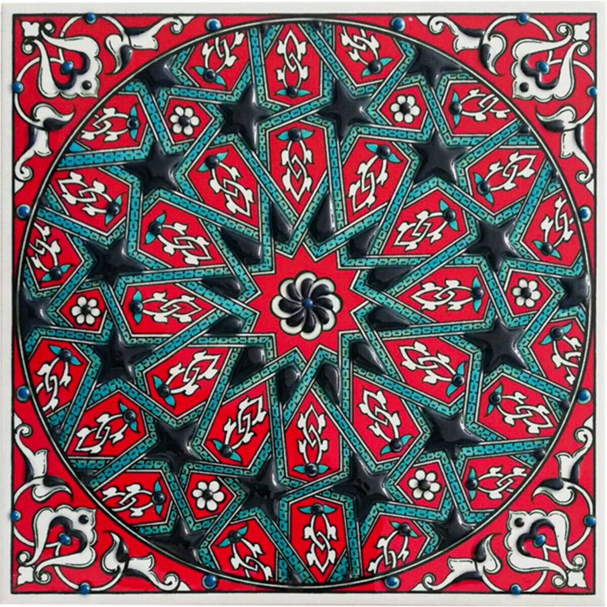 Hand Painted Turkish Ceramic Tile -  Handmade Decorative Geometric Patterned Tile - 8 in [20Cm] - Zeem Ceramic