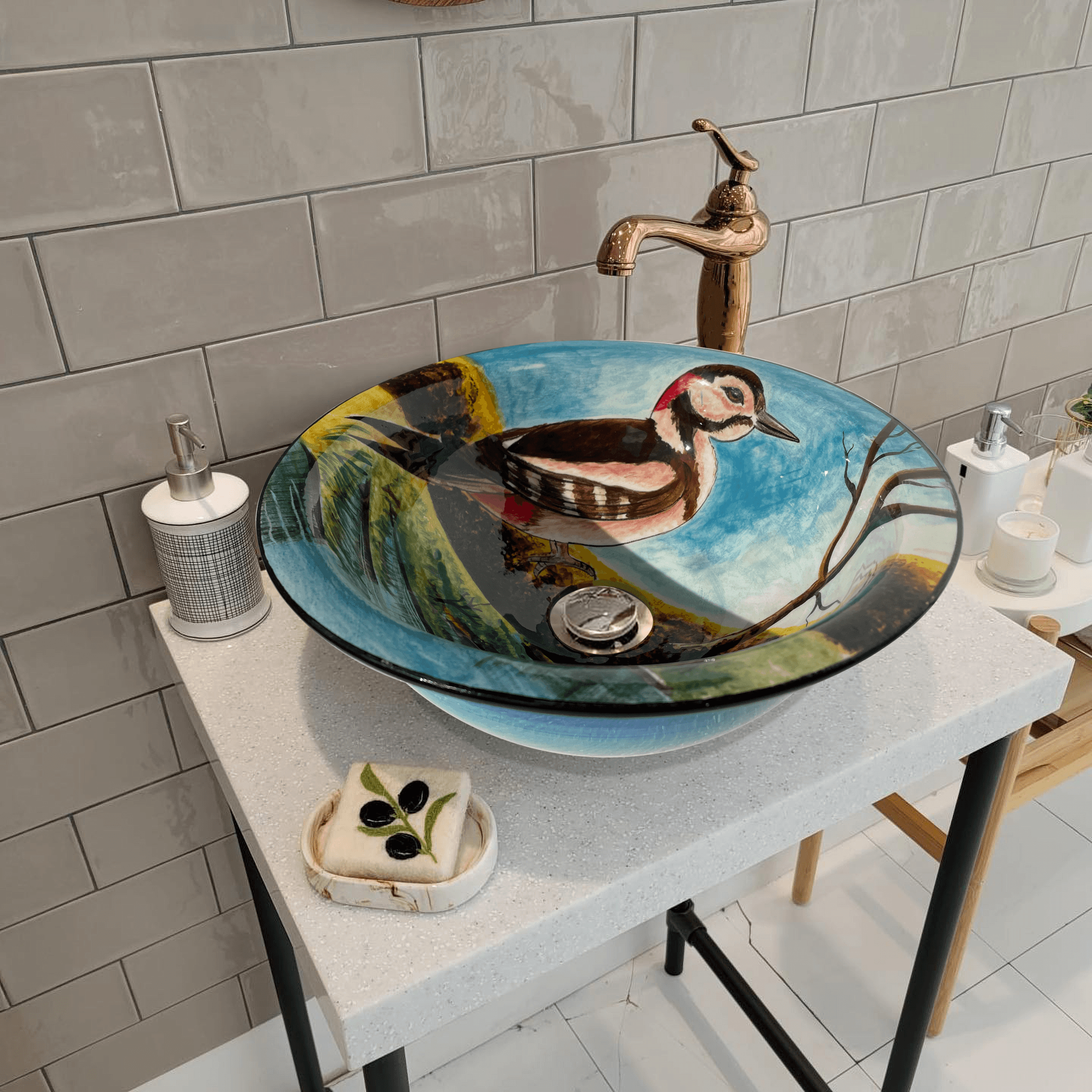 Hand Painted Bathroom Vanity Top Ceramic Vessel Sink - Woodpecker