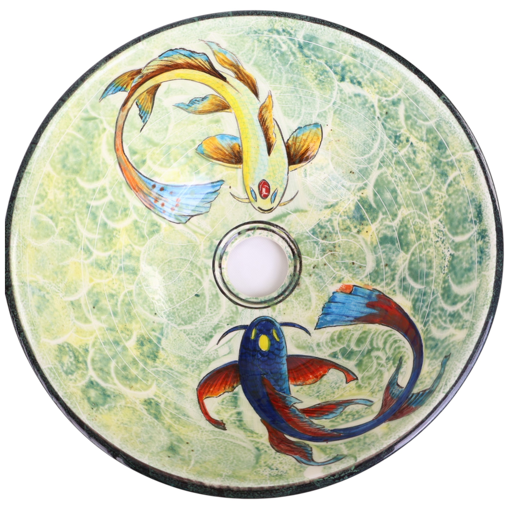 Handmade Japanese Koi Fish Ceramic Sink – Unique Luxury Bathroom Decor with Vibrant Green Artistic Design