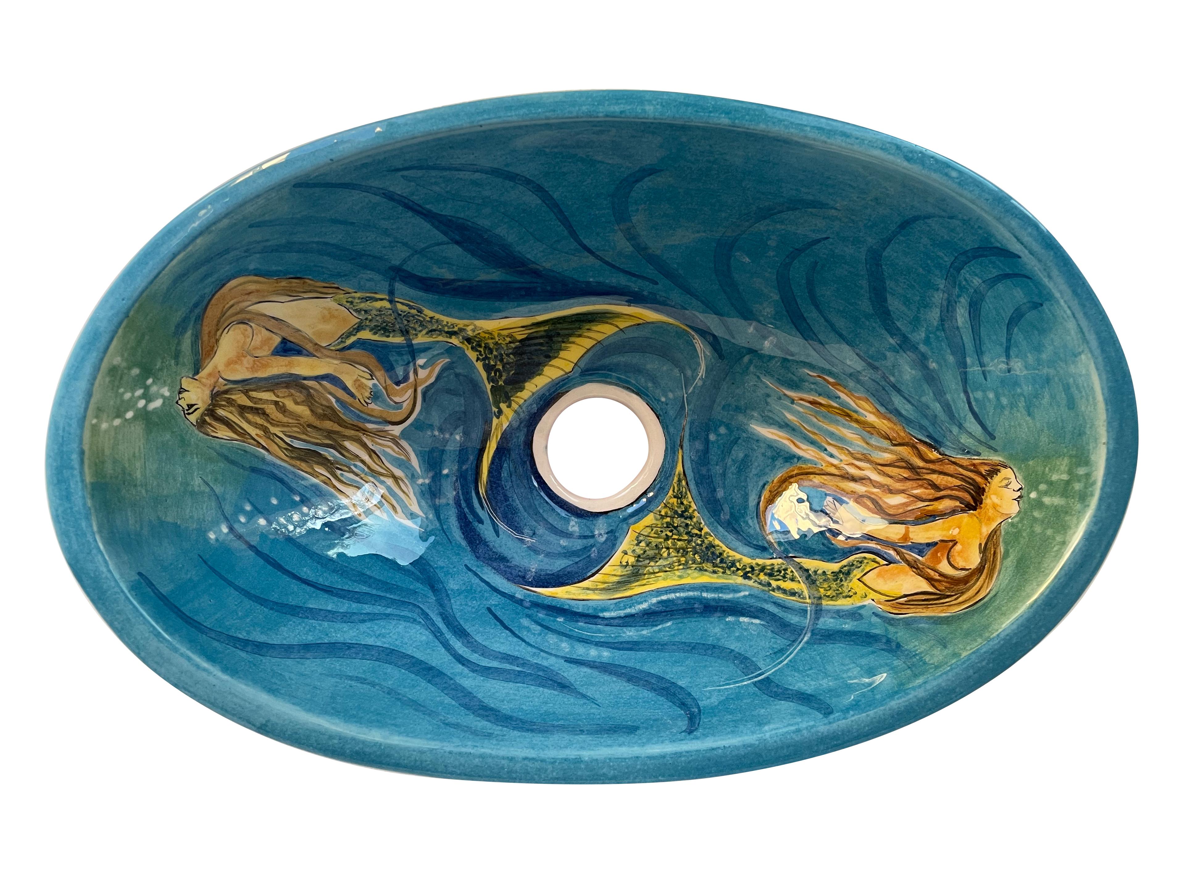 Handcrafted Bathroom Countertop Ceramic Vessel Basin - Ocean and Mermaid