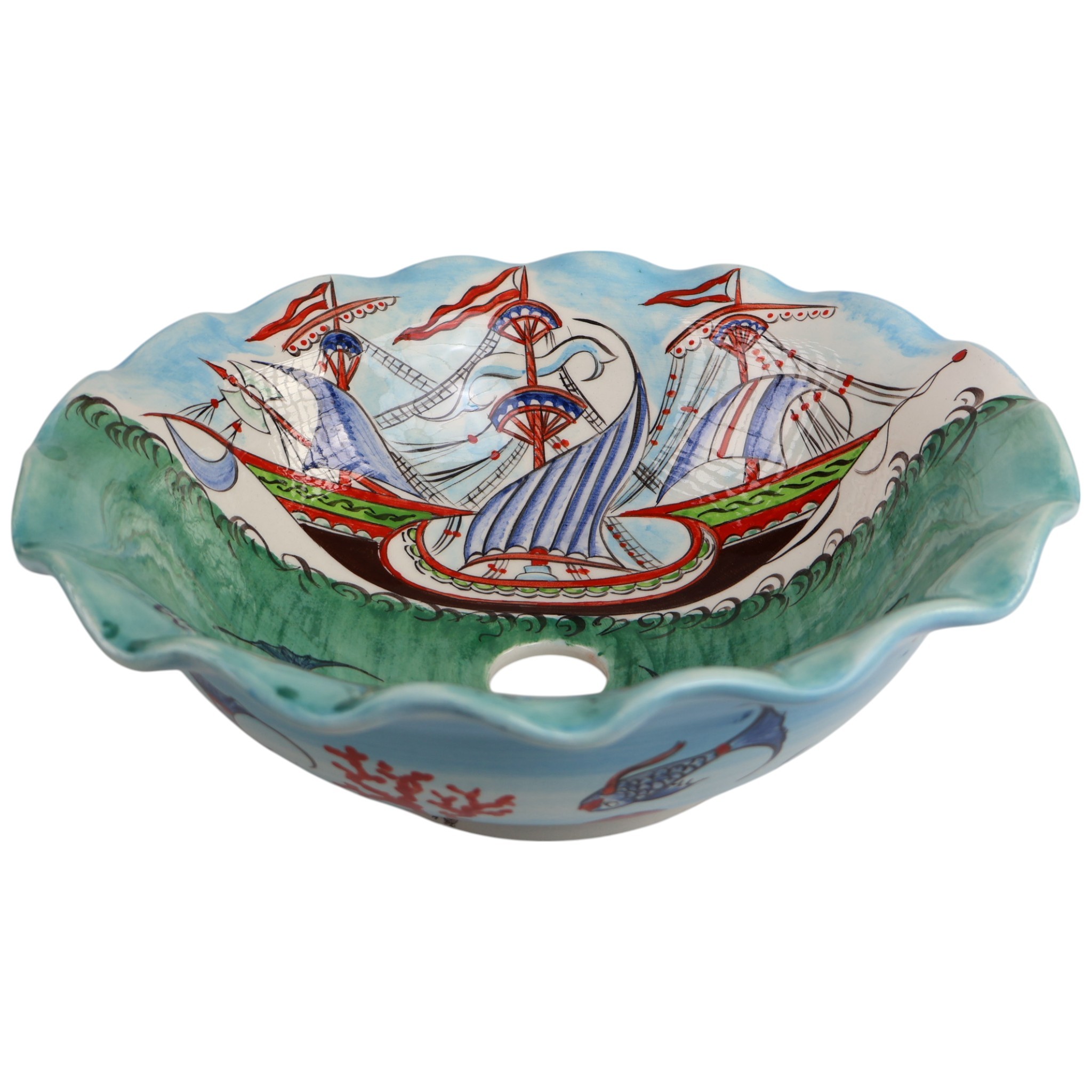 Hand-Painted Nautical Ceramic Sink - Turkish Ceramic Bowl Sink | Iznik-Inspired Bathroom Sink for Remodeling with Maritime Decor