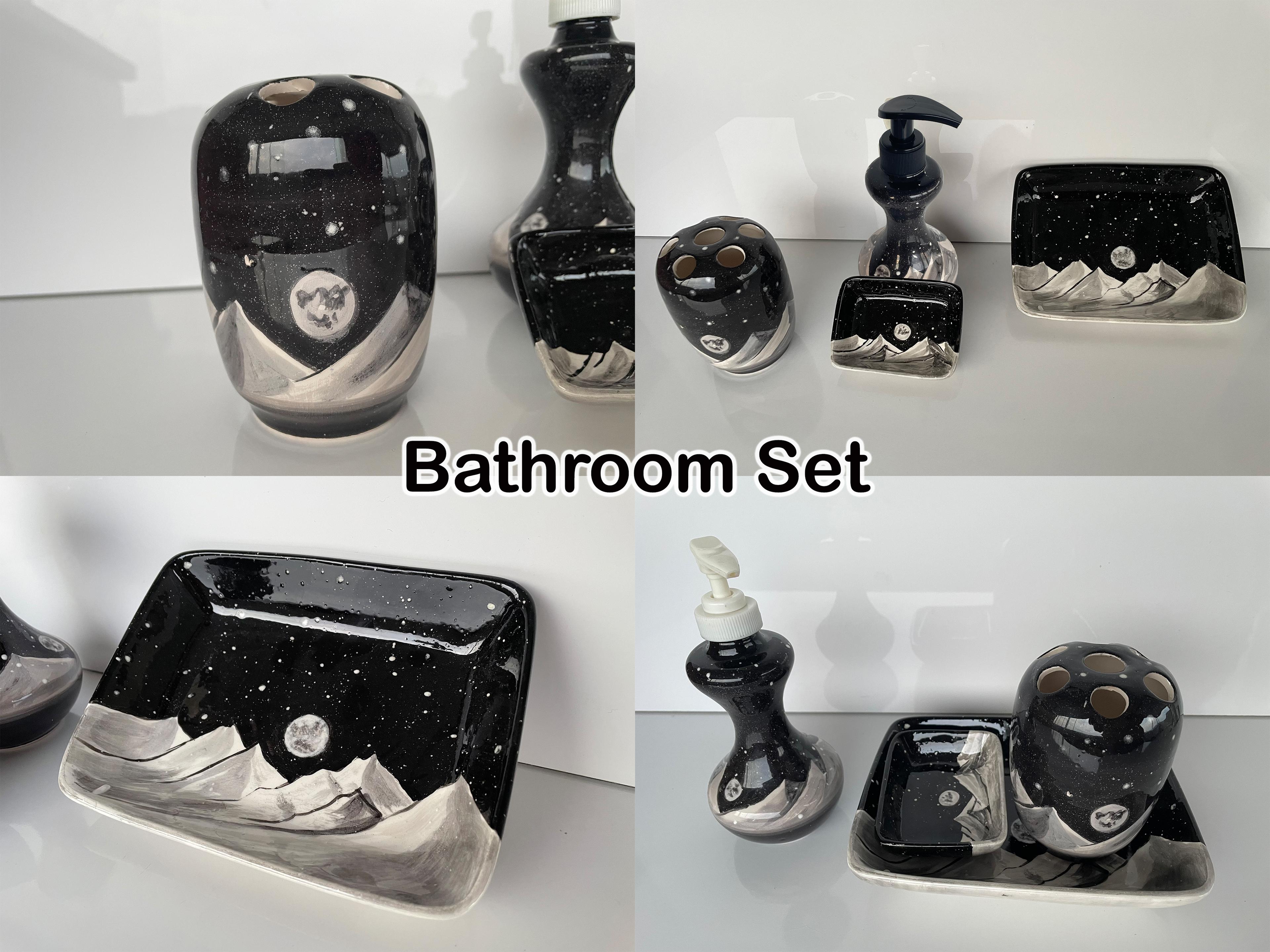 Hand Painted Ceramic Bathroom Accessory Set - Night and Moon