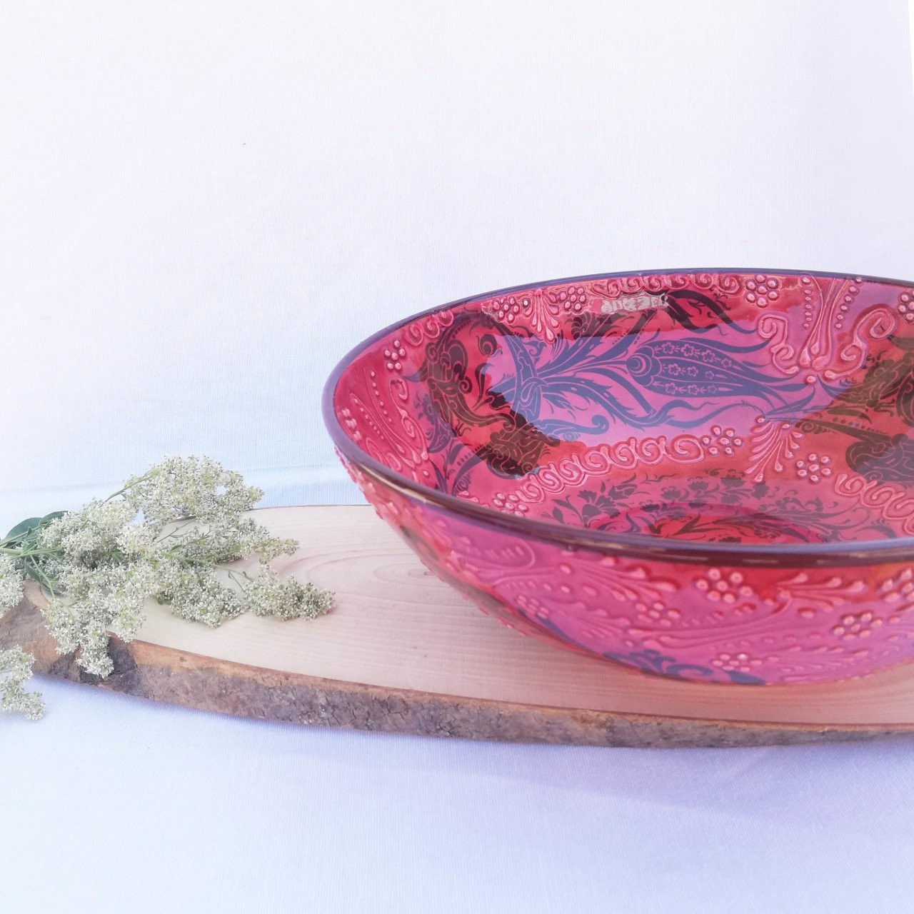 Artisan Hand Painted Ceramic Salad & Fruit Multicolor Bowls - Red