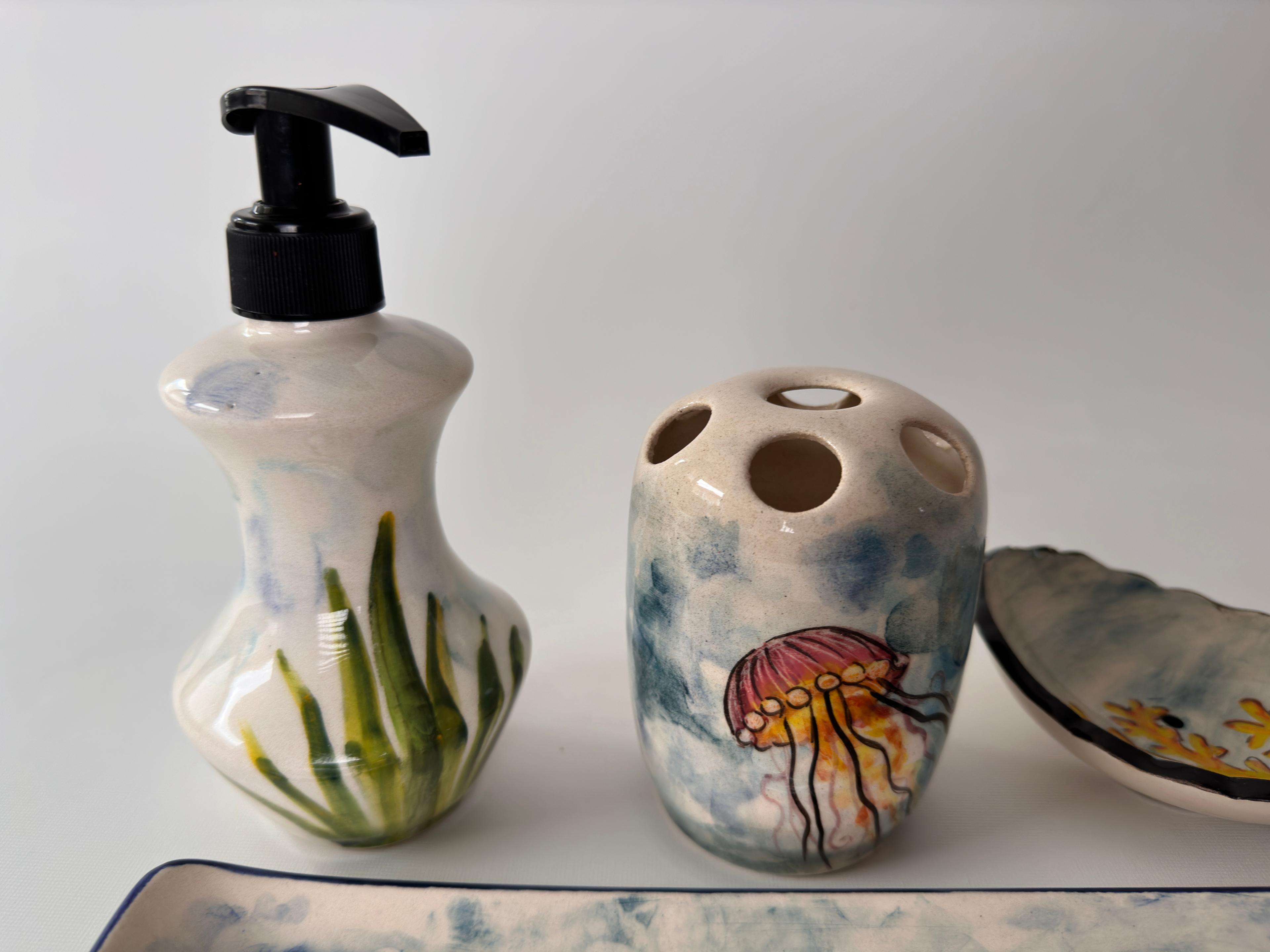 Hand Painted Ceramic Bathroom Accessory Set - Jellyfish