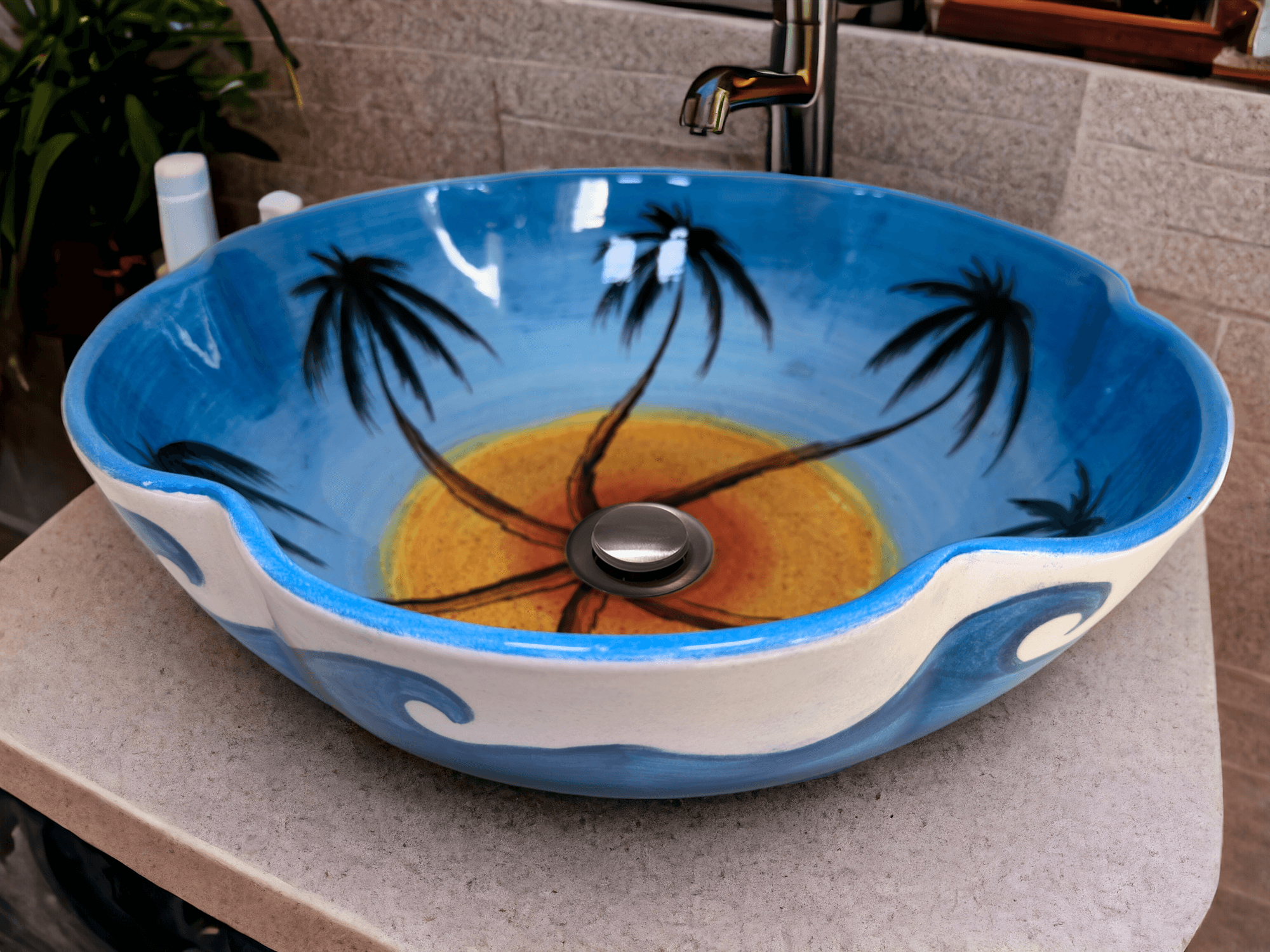 Hand Painted Above Counter Bathroom Flower Shaped Sink - Palm Trees and Waves