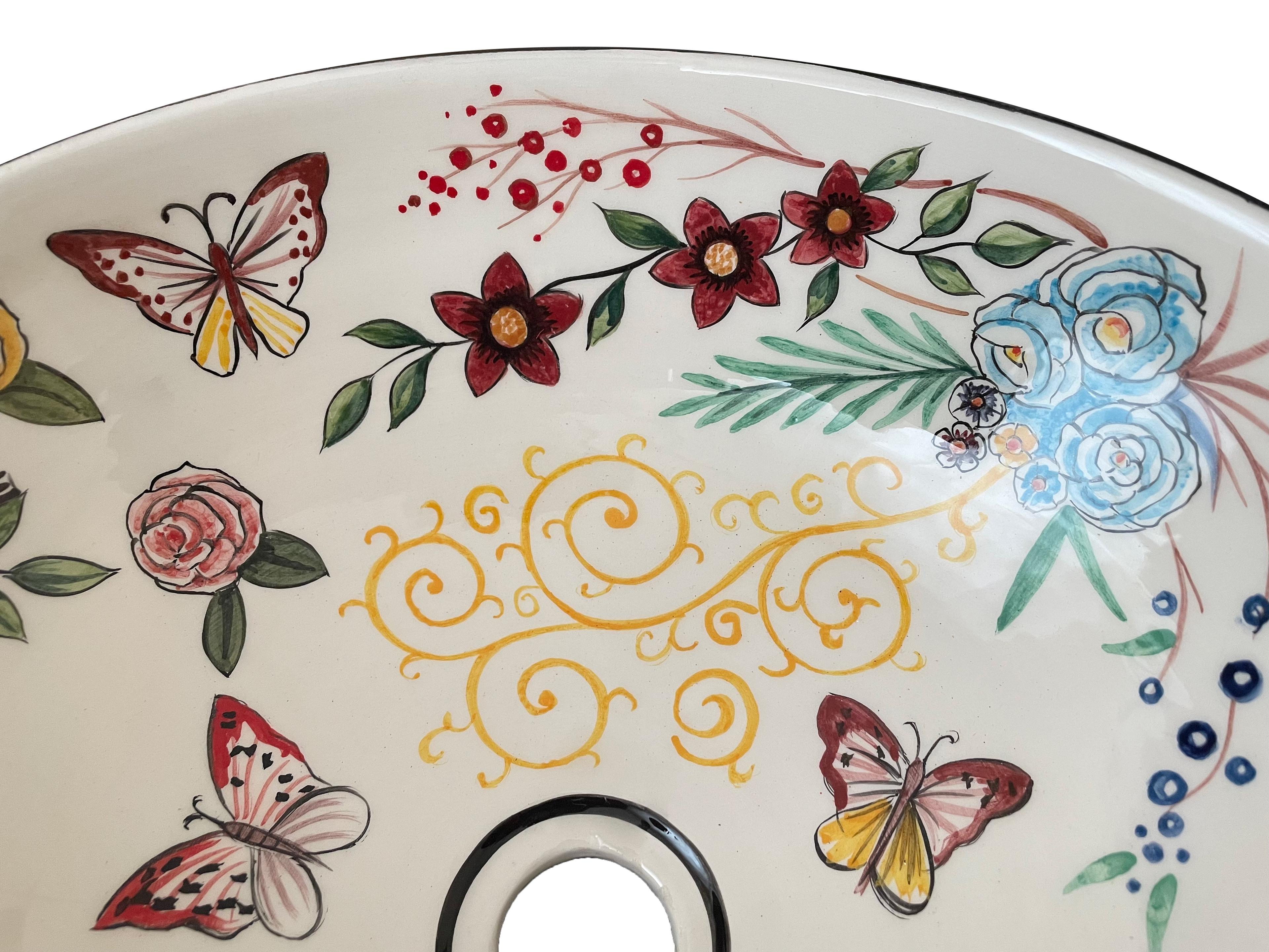 Bathroom Countertop Ceramic Vessel Sink - Butterfly and Flowers