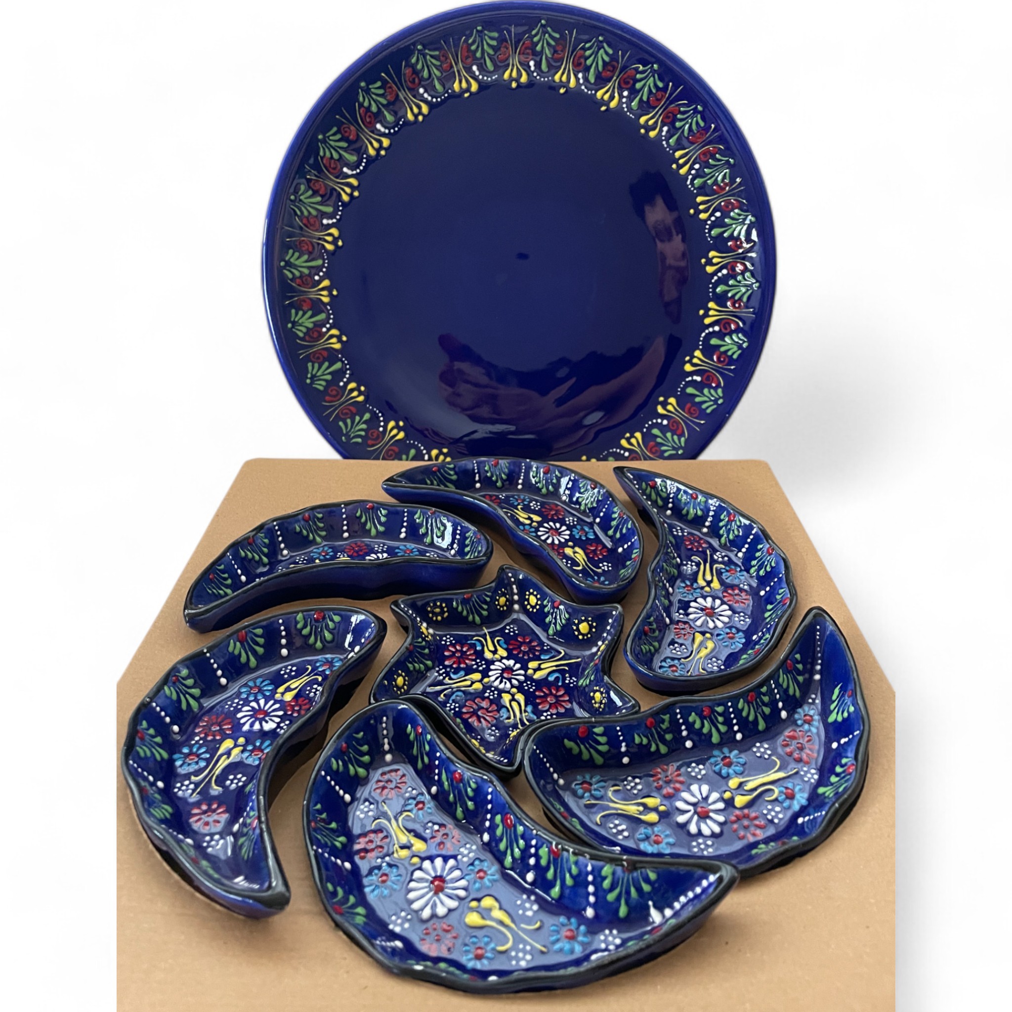 Handcrafted Snack, Nuts Serving Platter and Crudite Dish Set - Raised Relief Pattern - Navy Blue