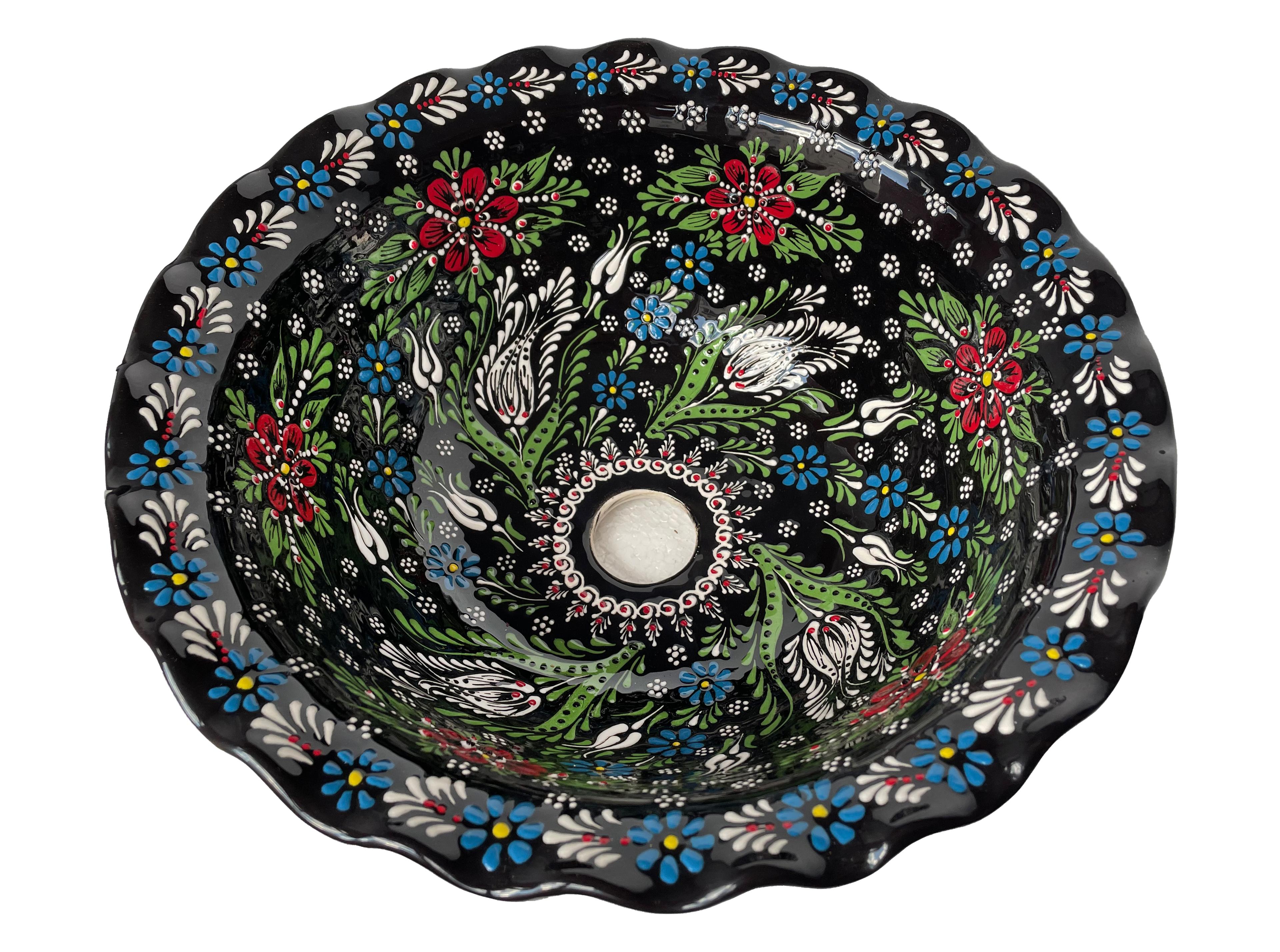 Hand Painted Bathroom Ceramic Vessel Sink Countertop - Relief Flowers