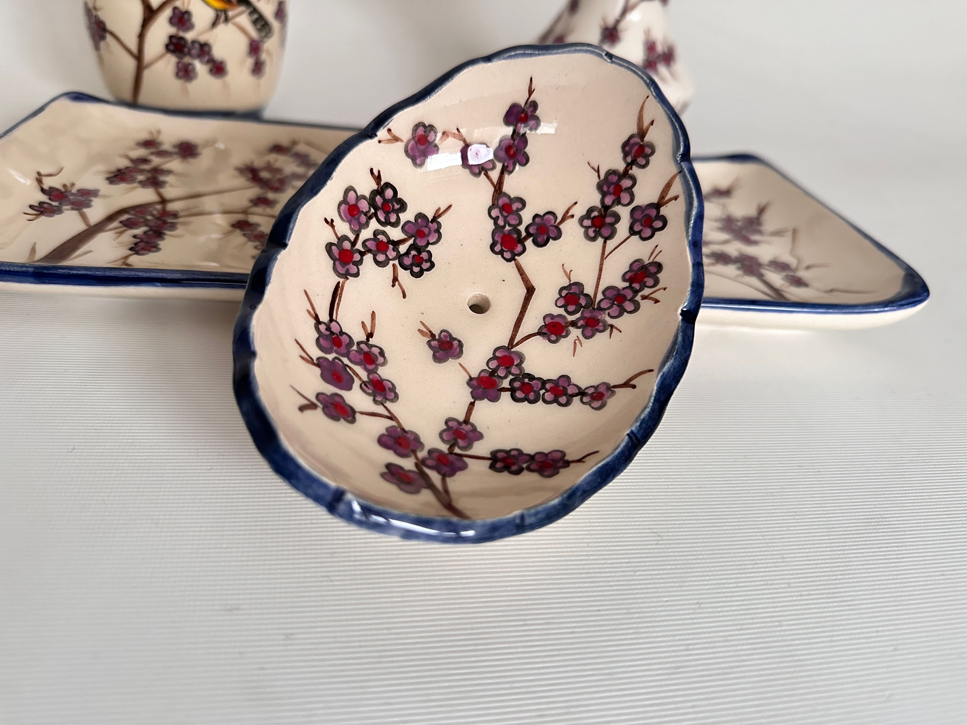 Hand Painted Ceramic Bathroom Accessory Set - Birds in the Cherry Blossom Tree