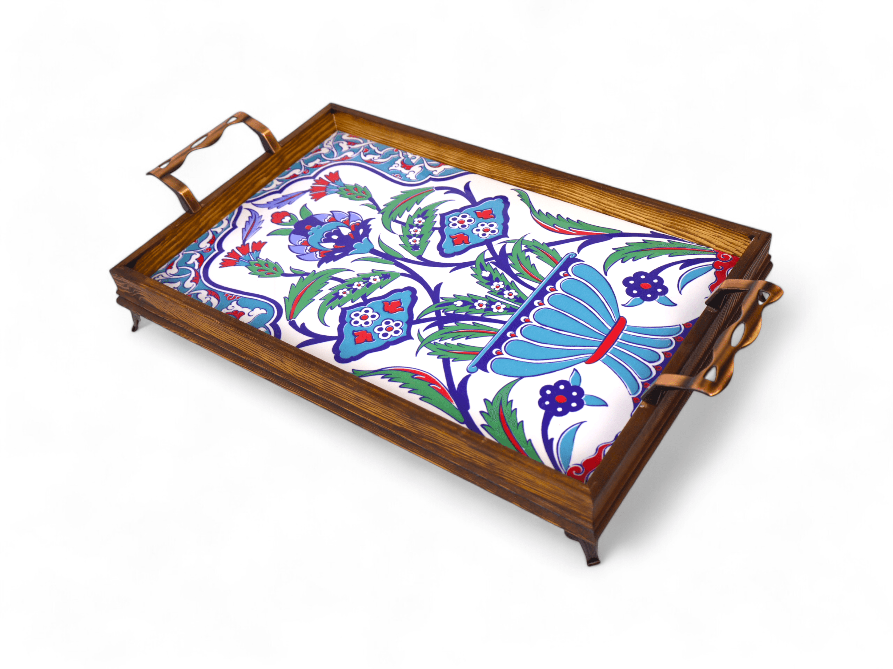 Handmade Wood Serving Tray with Handles | Mexican & Turkish Tile Design | Charcuterie Board for Appetizers, Cheese, Fruits & More