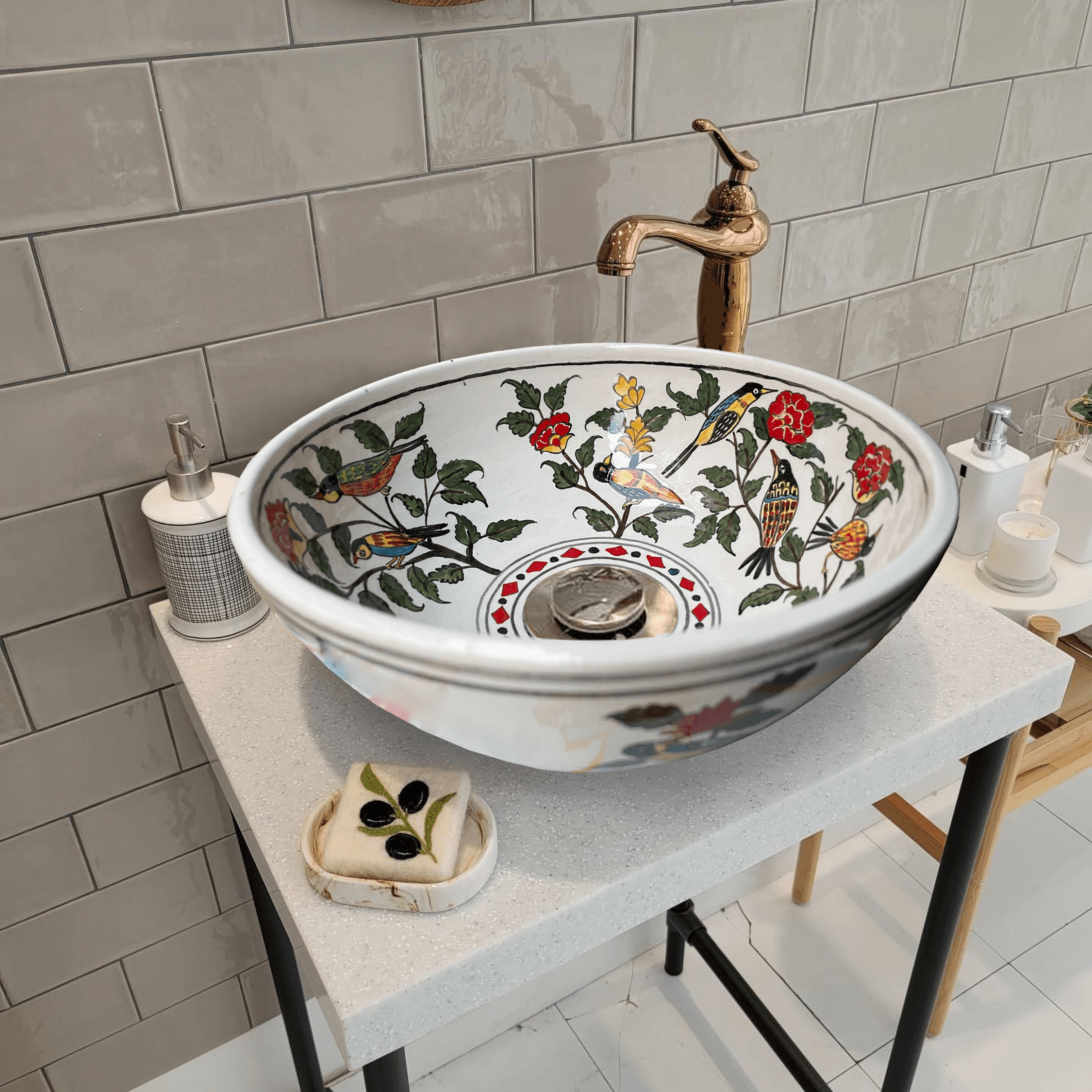 Hand Painted Bathroom Ceramic Vessel Sink Countertop - Birds and Roses