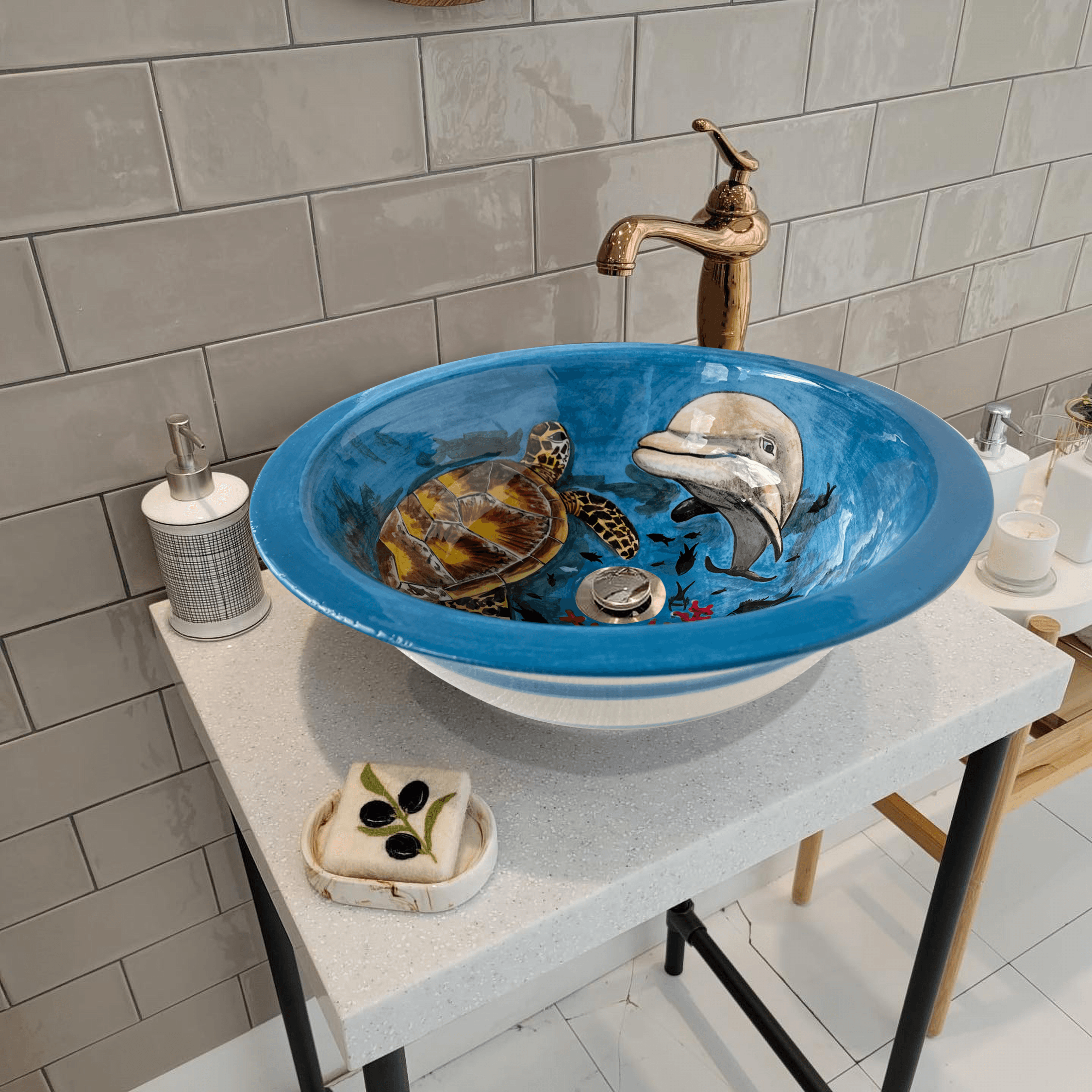 Hand Painted Bathroom Vanity Top Ceramic Vessel Sink - Dolphin and Sea Turtle