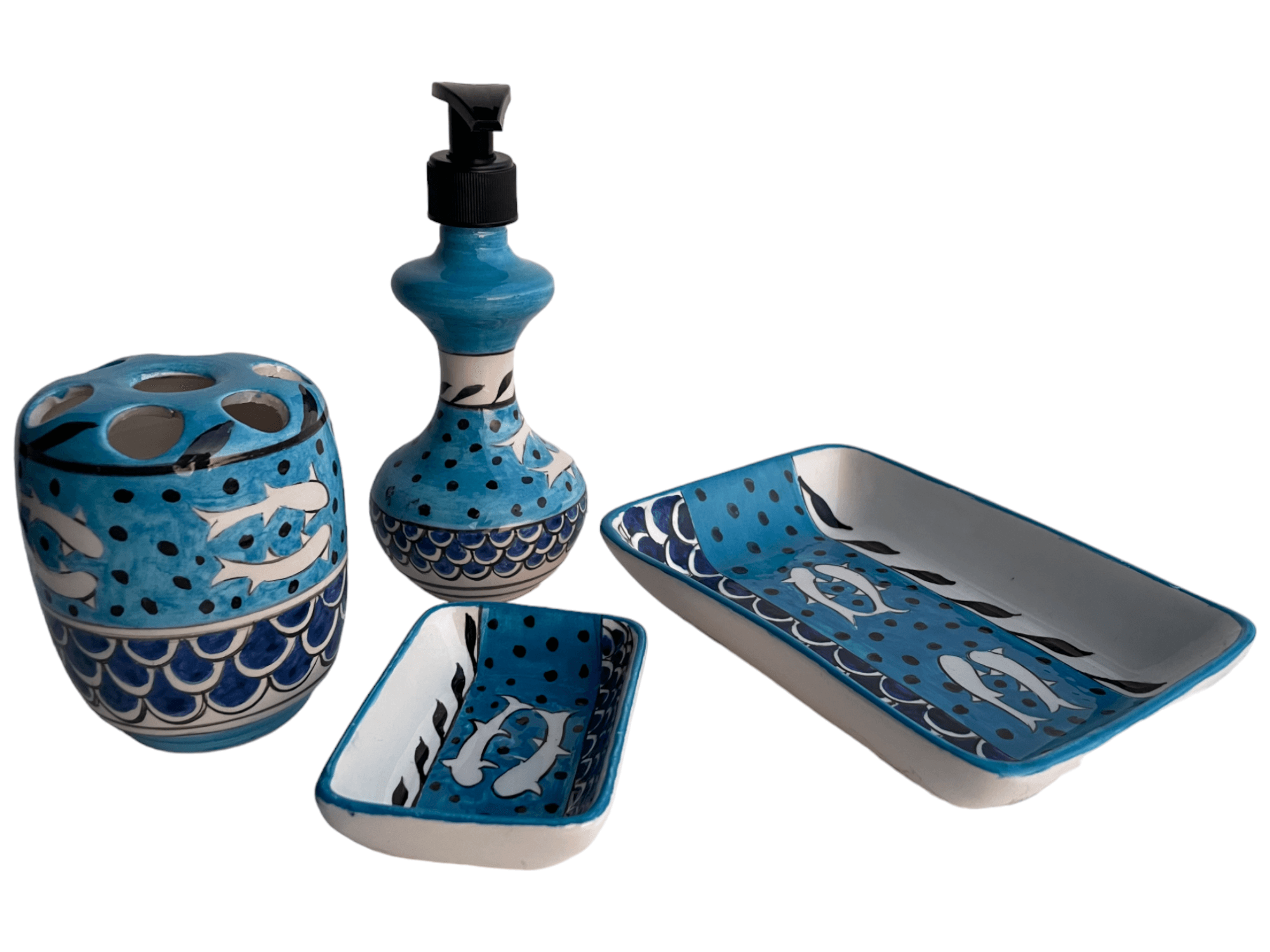 Hand Painted Ceramic Bathroom Accessory Set - Sharks in the Ocean