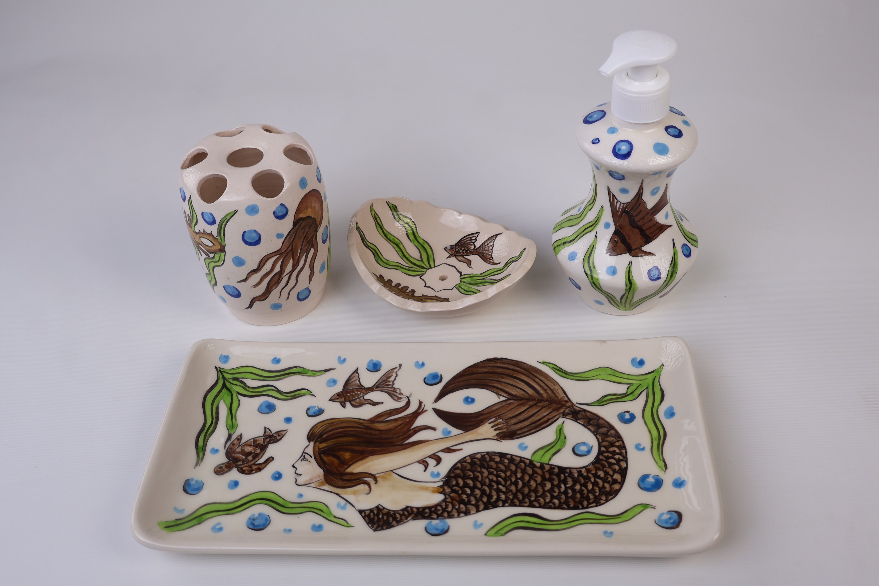 Zeem Ceramic Hand-Painted Bathroom Sets - Mermaid & Jellyfish Premium Handmade Design