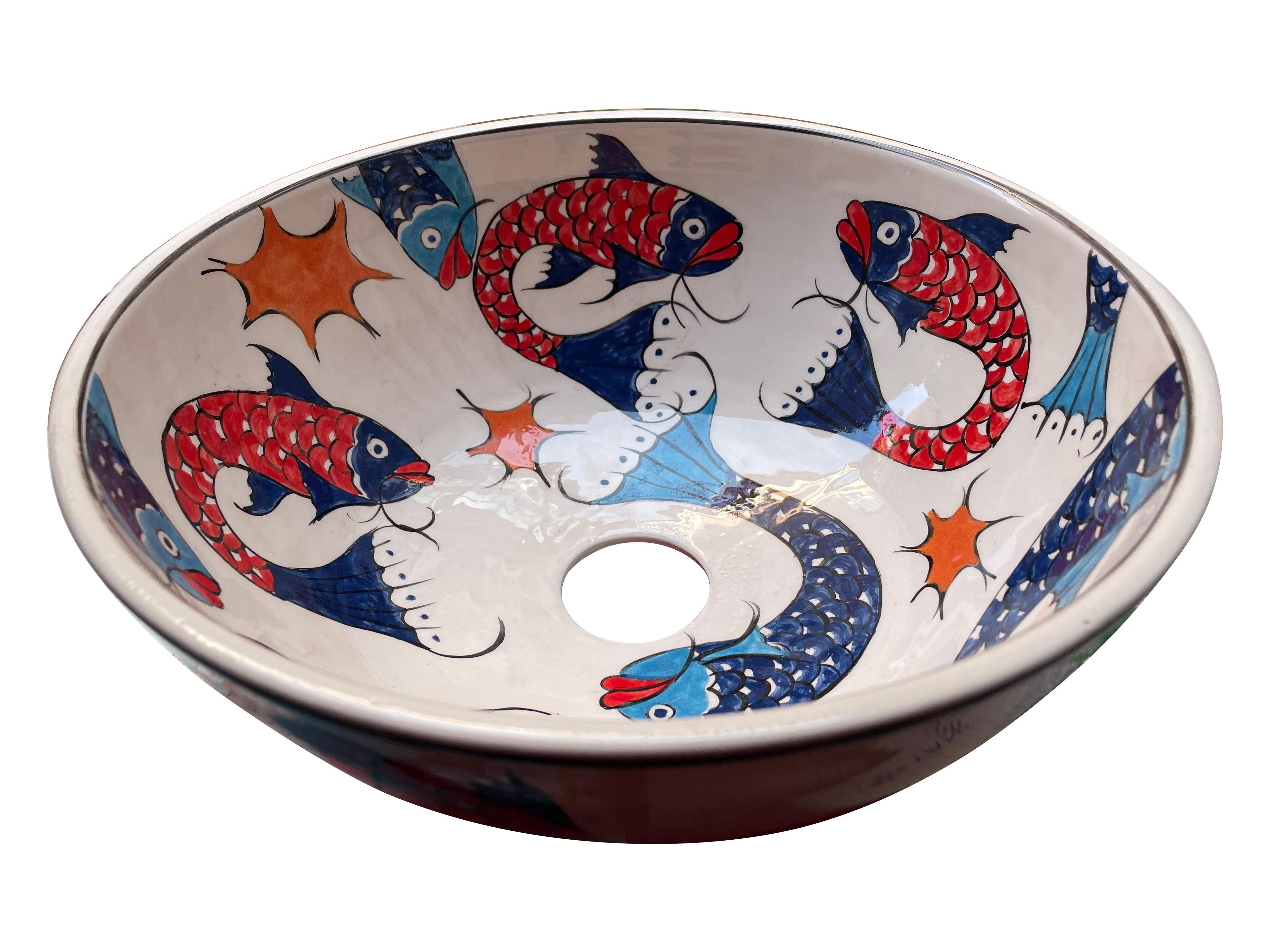 Hand Painted Bathroom Ceramic Vessel Sink Countertop - Fishes