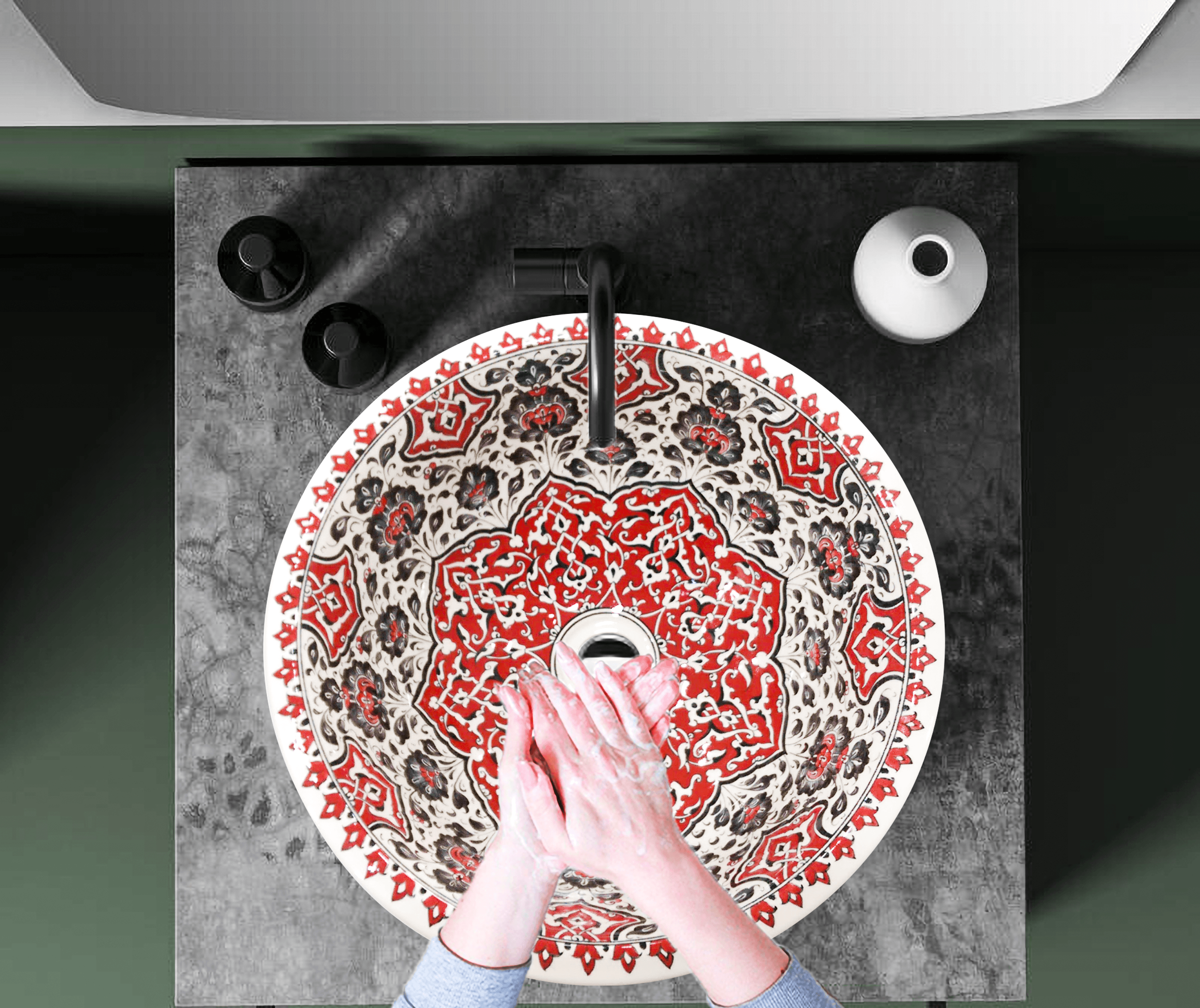 Hand Painted Bathroom Ceramic Vessel Sink Countertop - Red Rumi and Nazilli