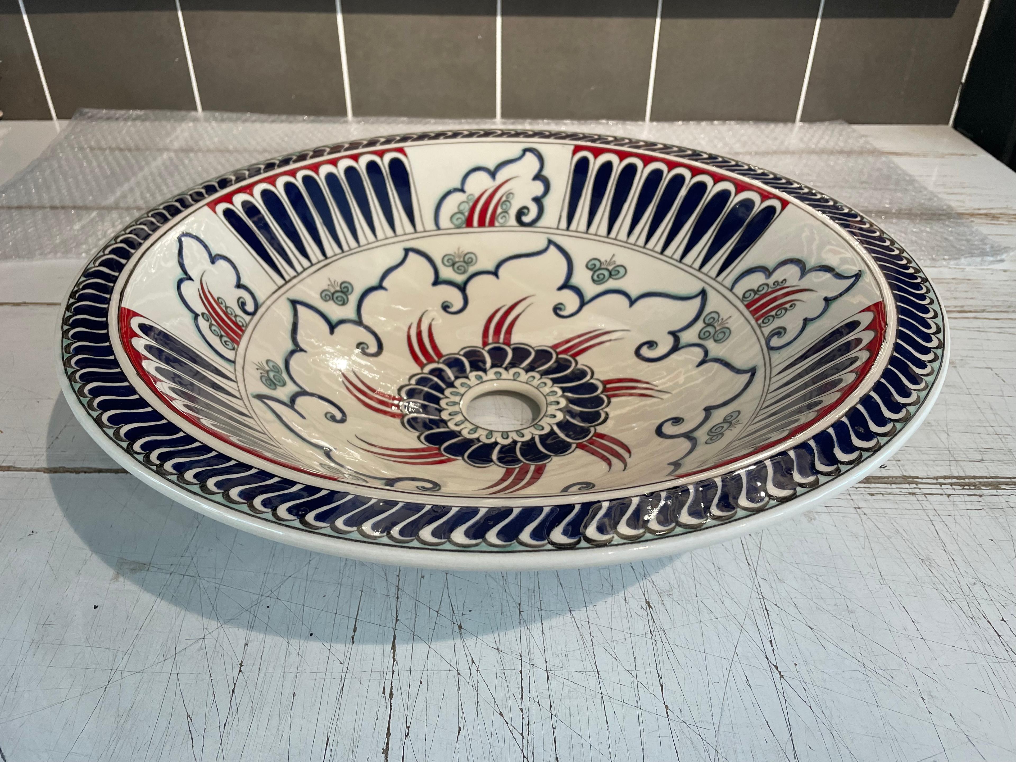 Hand Painted Bathroom Vanity Top Ceramic Vessel Sink - Flames and Milet Work