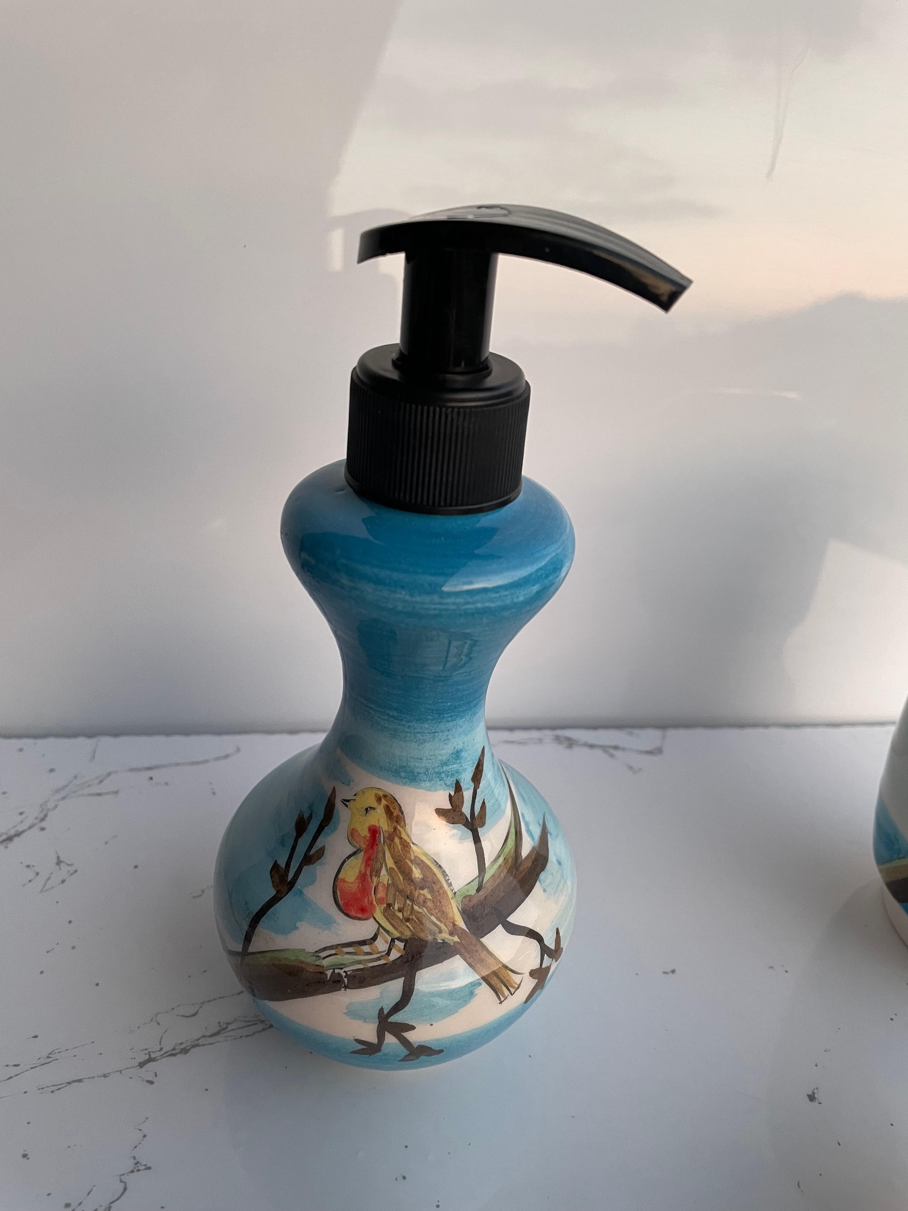 Hand Painted Ceramic Bathroom Accessory Set - Birds