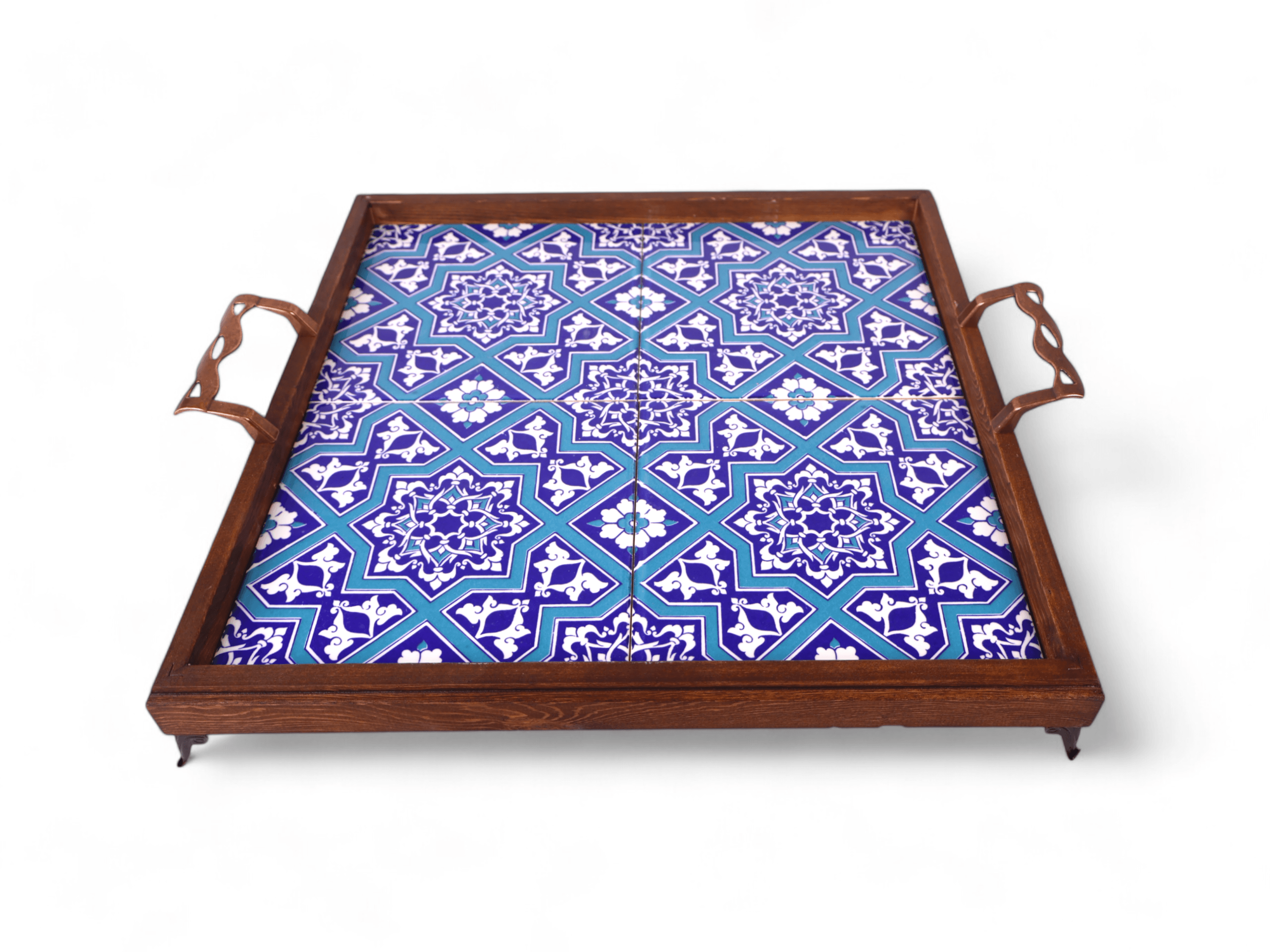 Large Wooden Serving Tray with Handles | Mexican & Turkish Tile Serving Platter | Ideal for Charcuterie, Cheese, Fruits & Appetizers