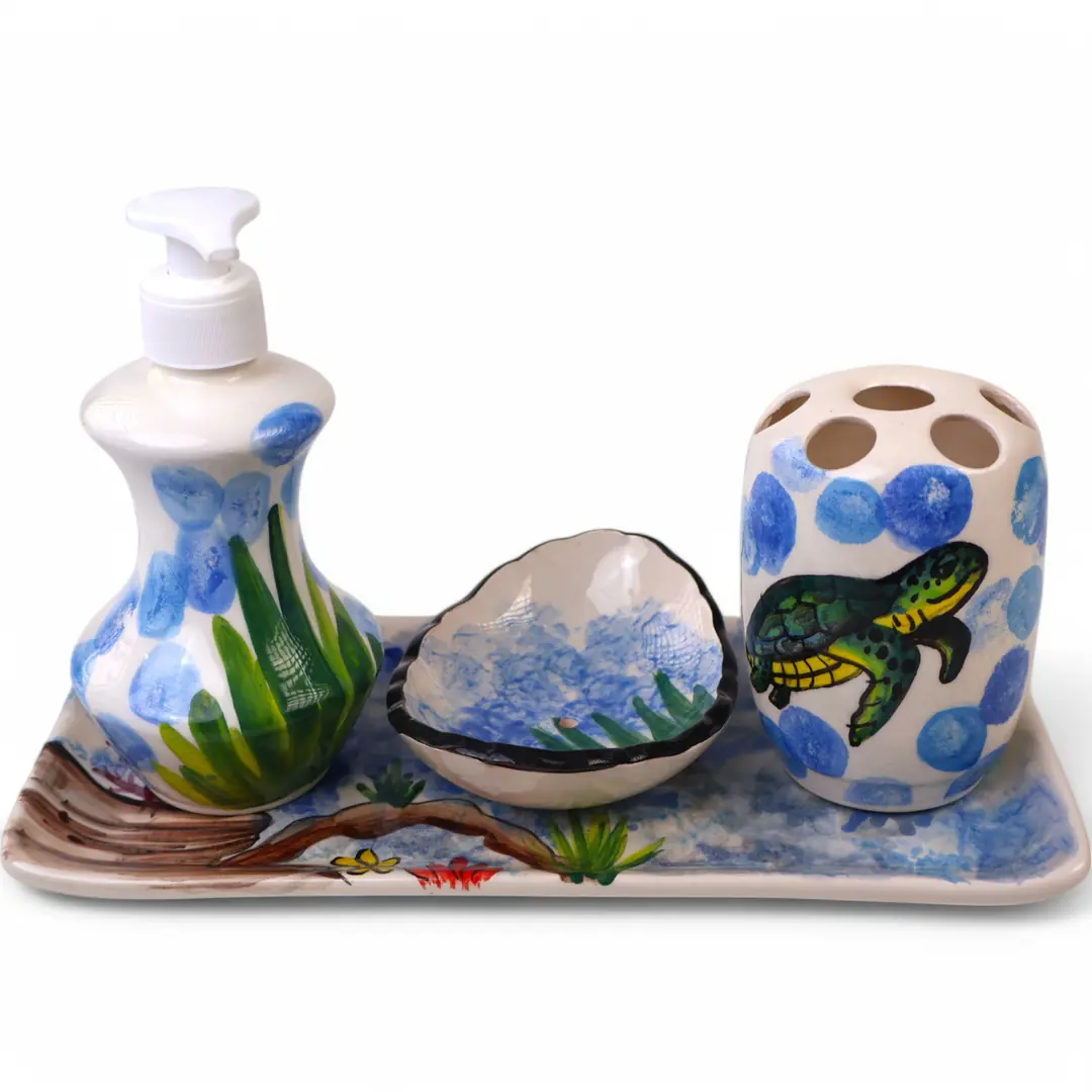 Badezimmer-Zubehör-Set Mit Tropischen Blättern - 3-teilig, Weiß, Inkl. Seifenspender, Zahnbürstenhalter & Seifenschale