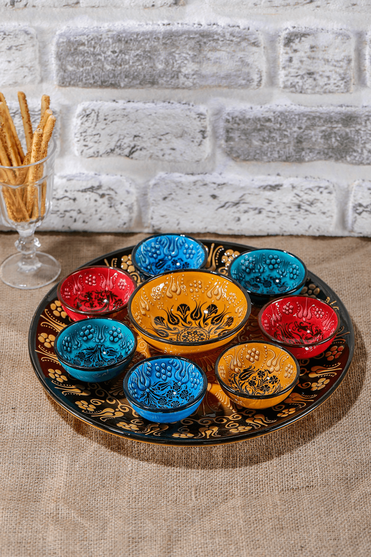 Hand Painted Snack Serving Platter and Dish Crudite Set - Embossed Floral - Yellow