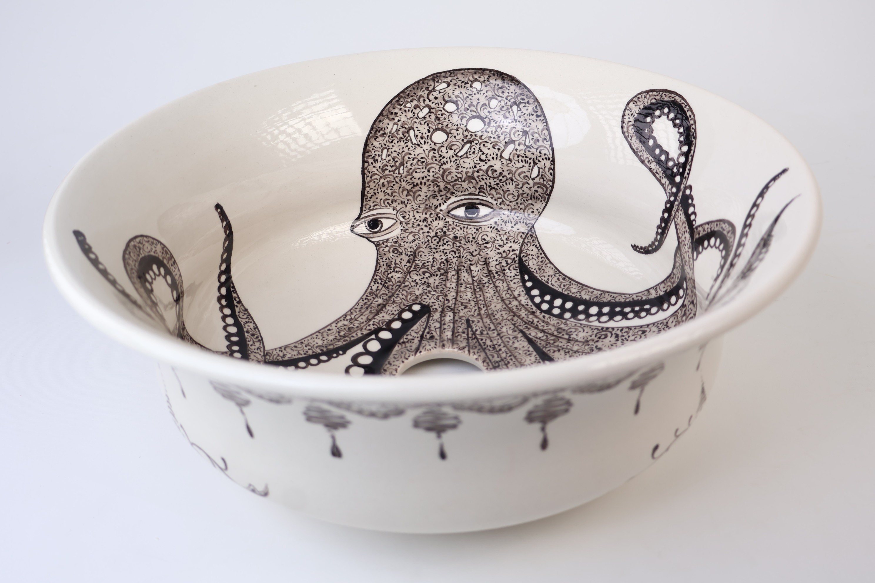 Mediterranean Black Octopus Ceramic Sink - Handmade and Unique