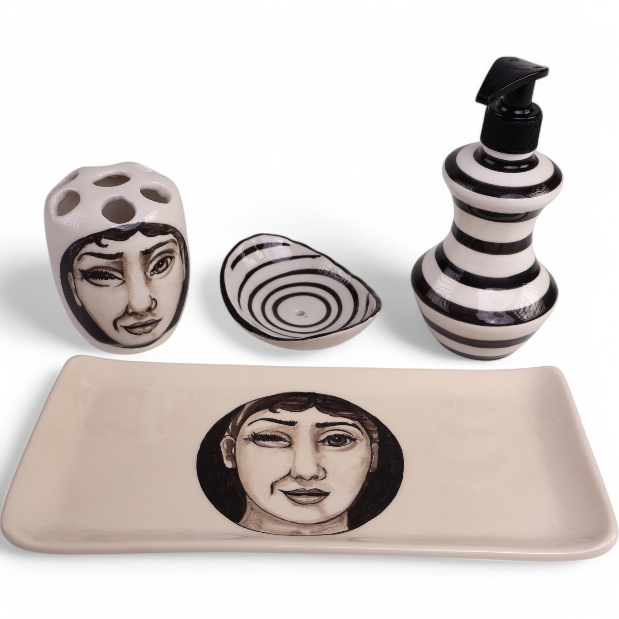 Handmade Ceramic Bathroom Set - Black & White Face Art Design | 4-Piece