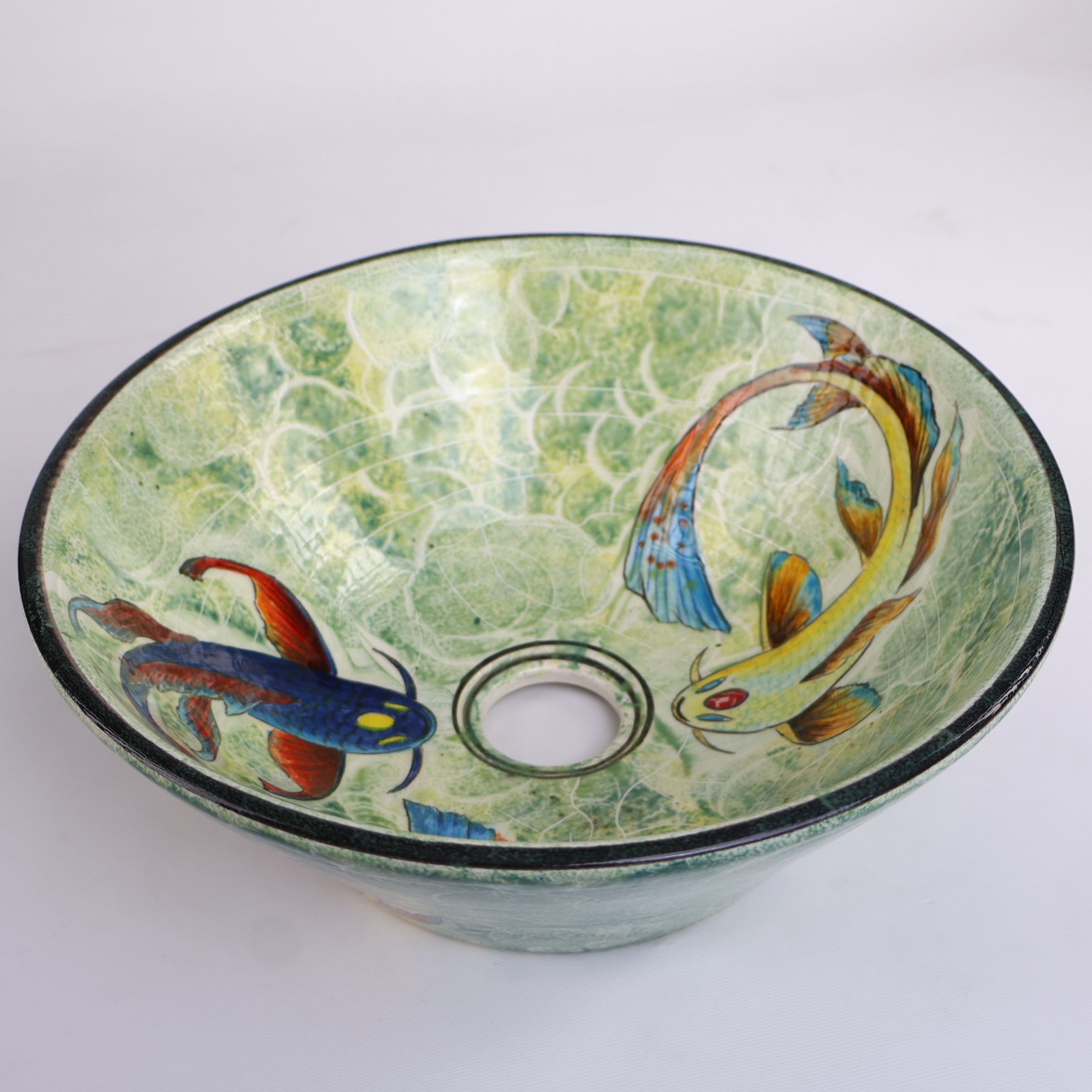 Handmade Japanese Koi Fish Ceramic Sink – Unique Luxury Bathroom Decor with Vibrant Green Artistic Design