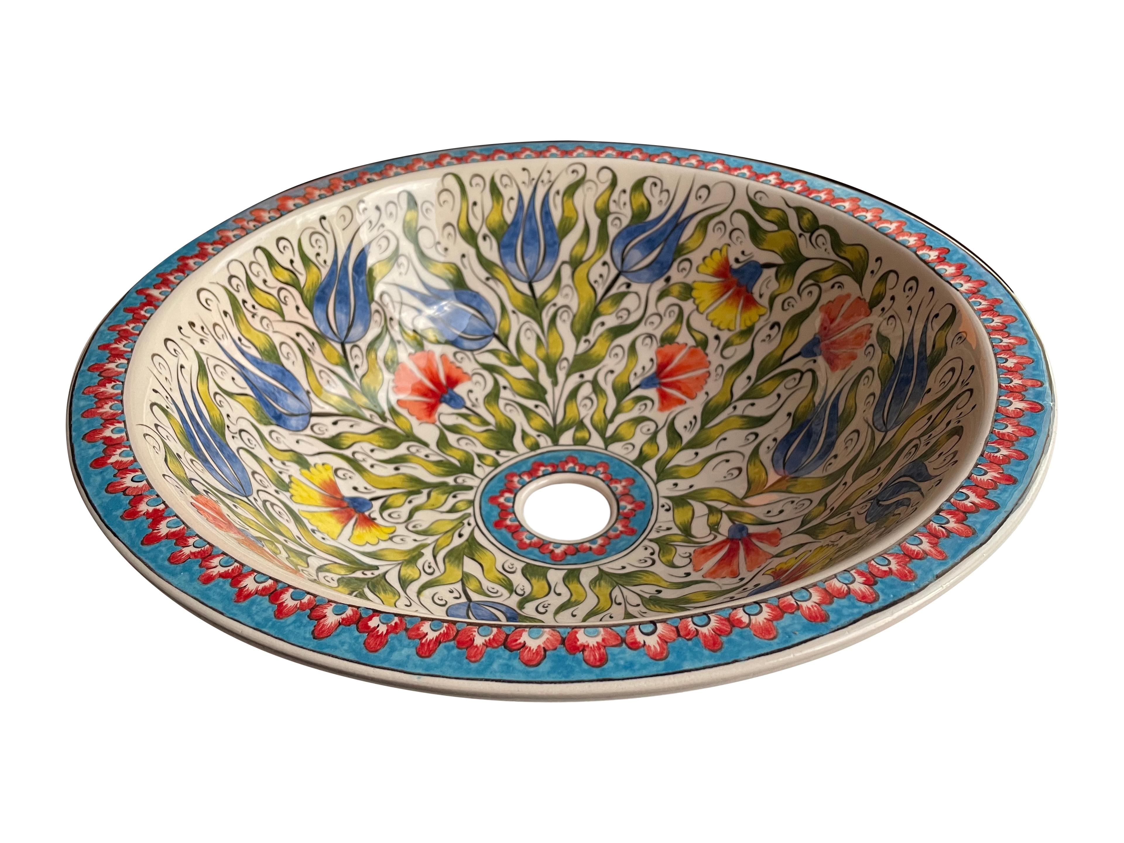 Hand Painted Bathroom Ceramic Vessel Sink Countertop - Multicolor Flowers