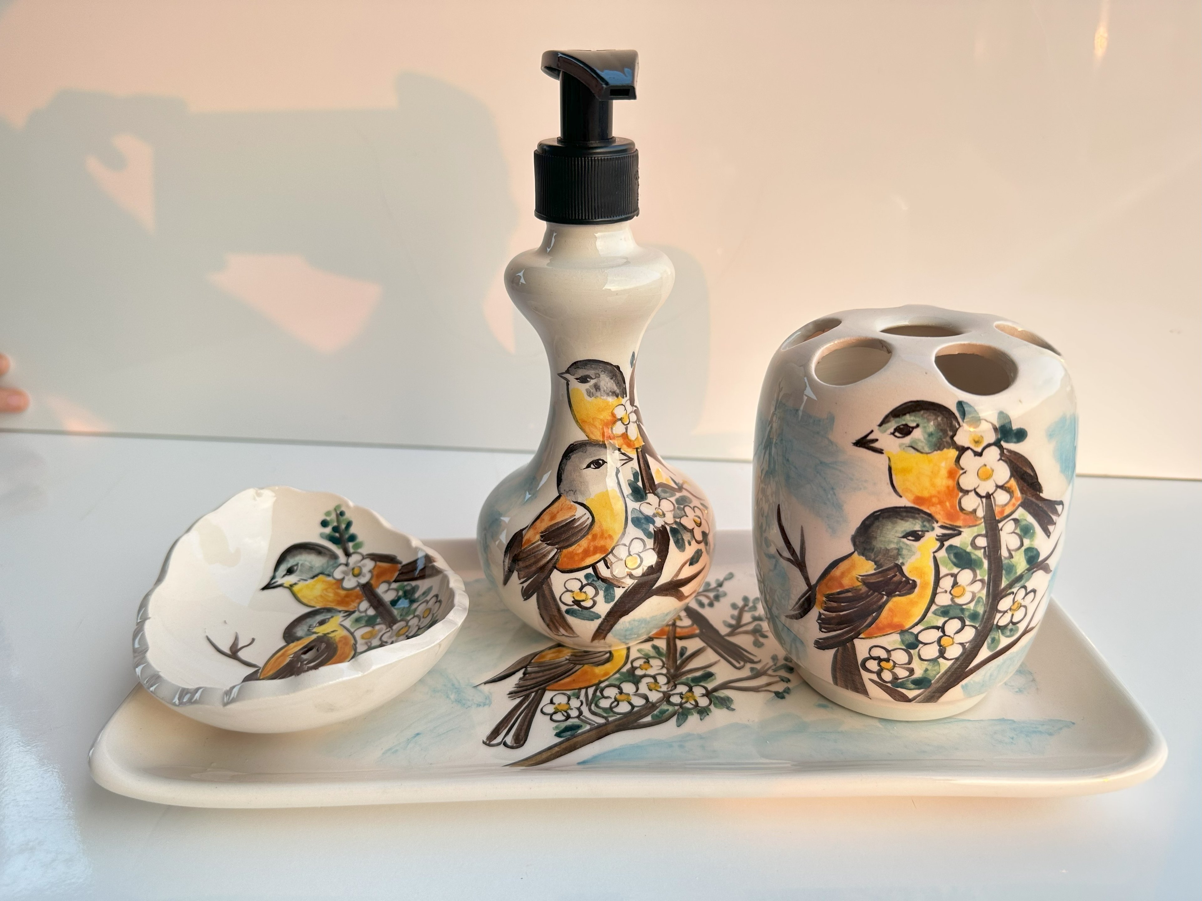 Hand Painted Ceramic Bathroom Accessory Set - Birds