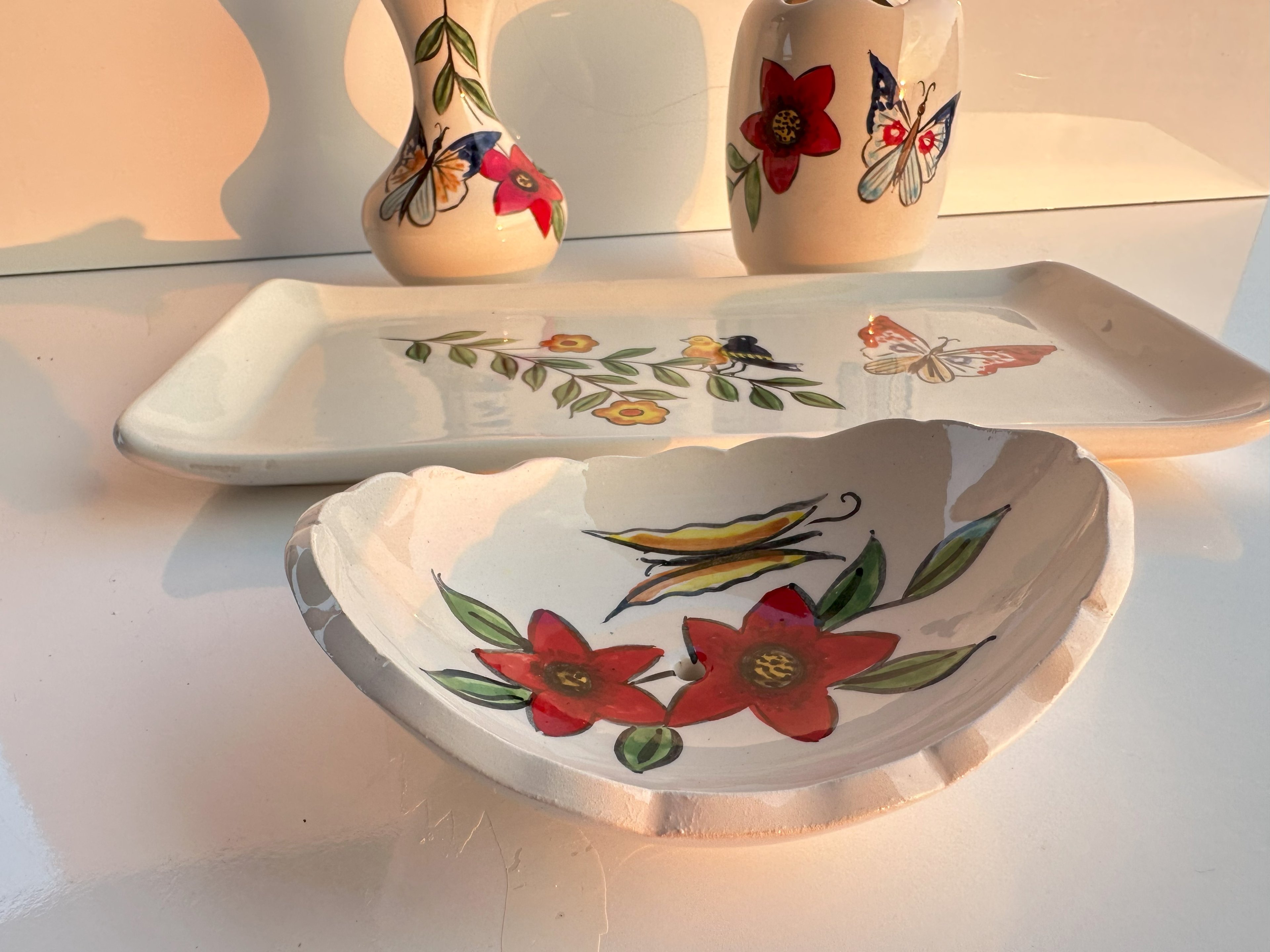 Hand Painted Ceramic Bathroom Accessory Set - Birds and Butterflies