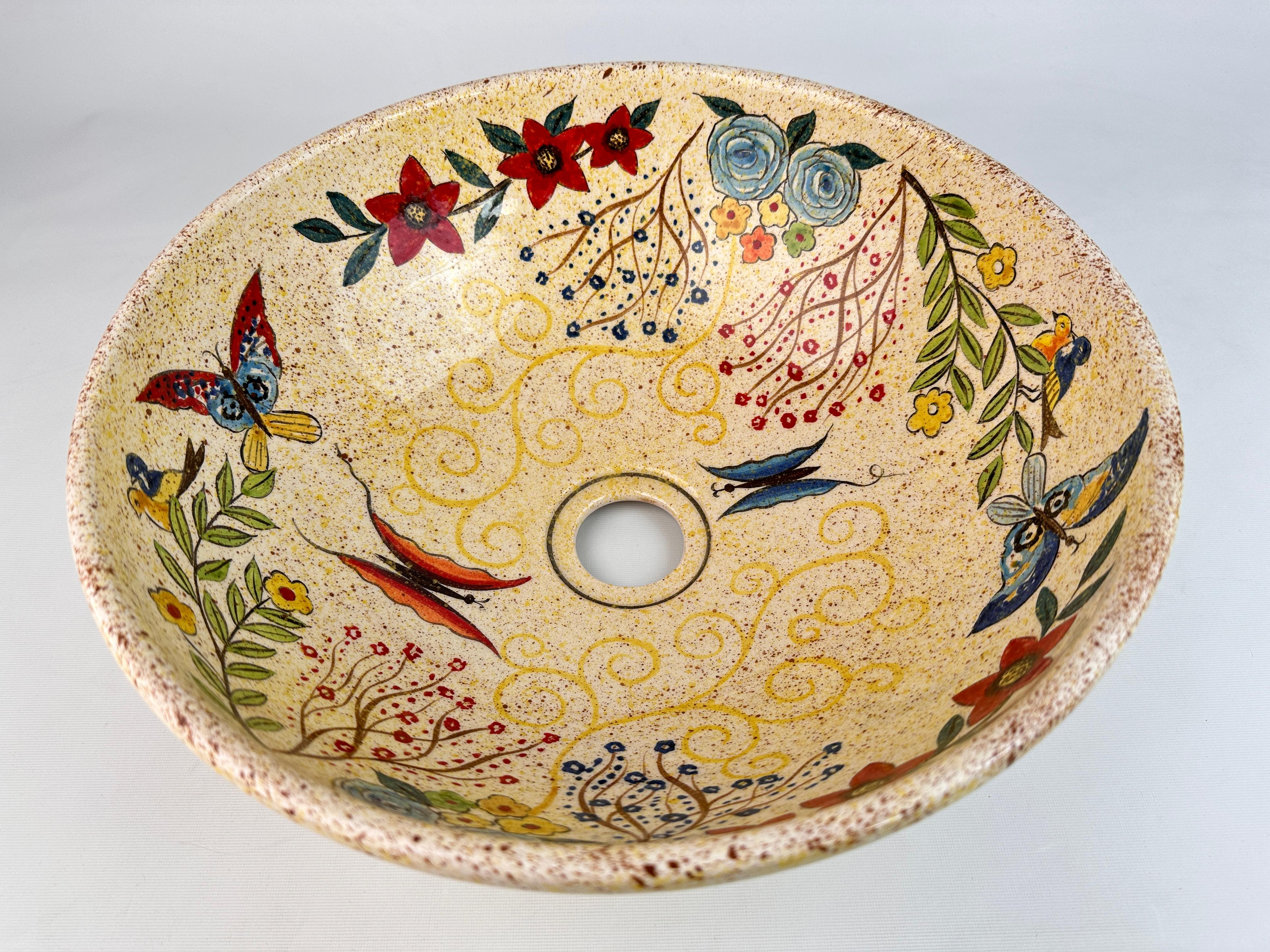 Bathroom Countertop Ceramic Vessel Sink - Butterfly and Flowers