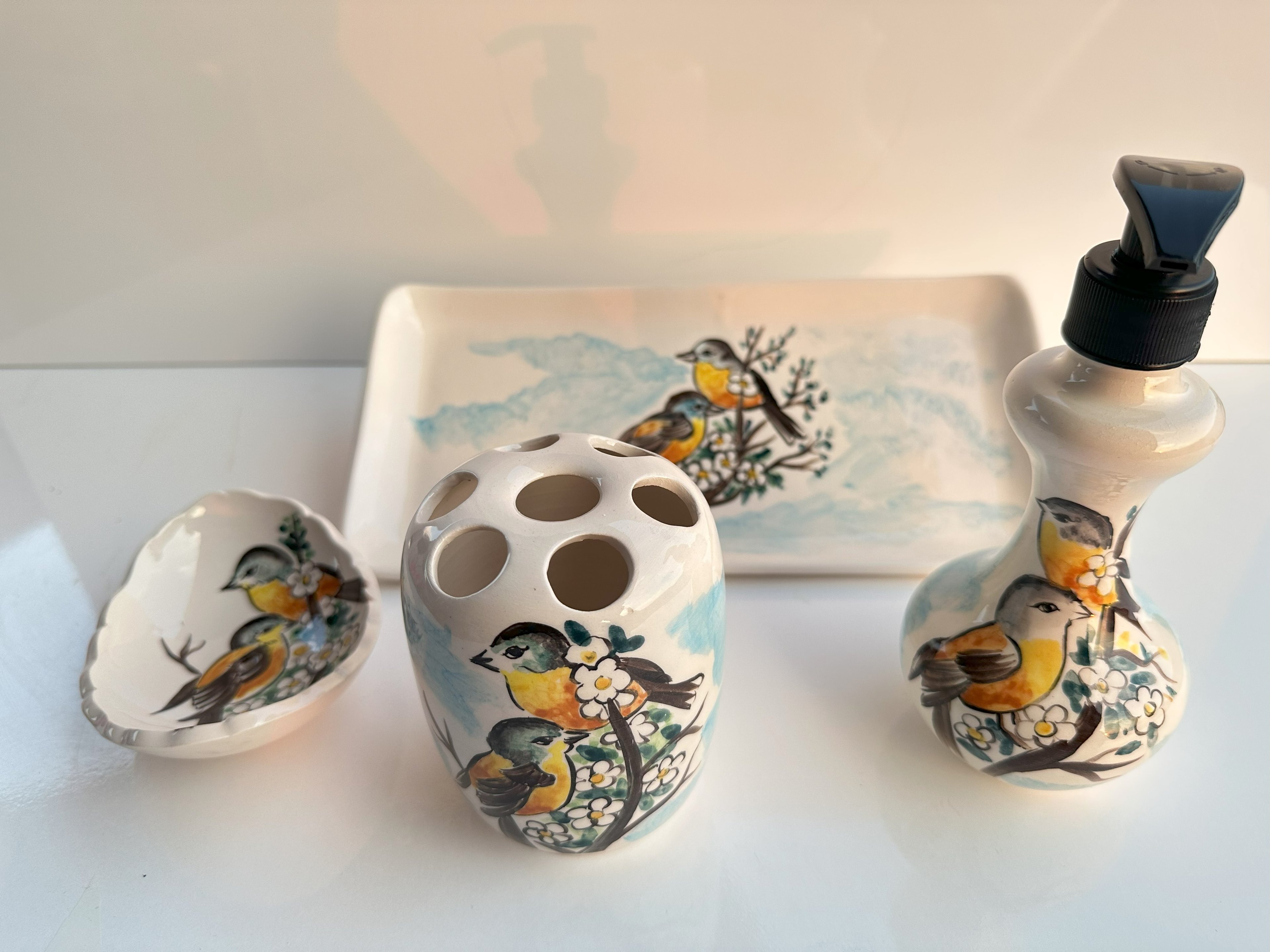 Hand Painted Ceramic Bathroom Accessory Set - Birds