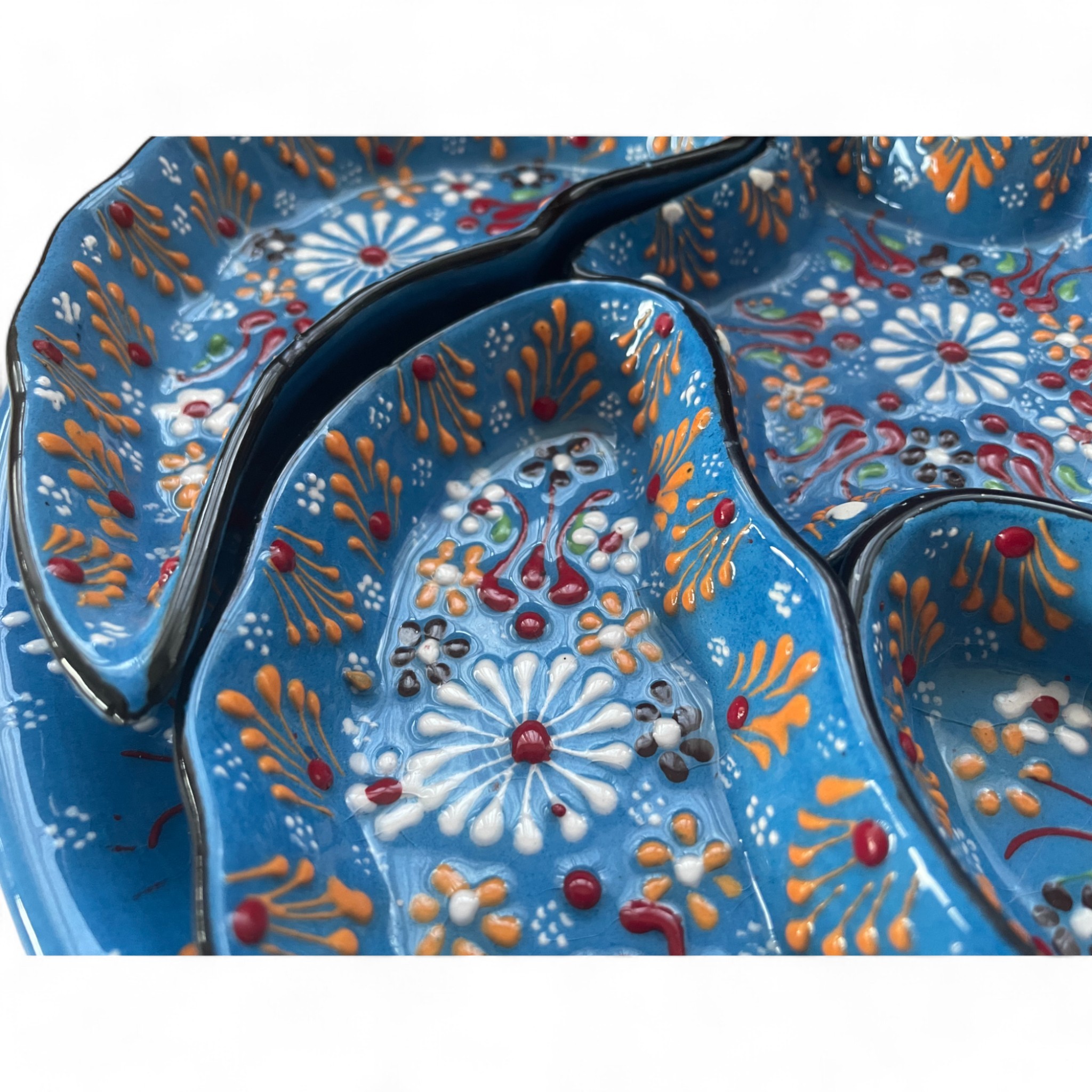 Handcrafted Snack, Nuts Serving Platter and Crudite Dish Set - Raised Relief Pattern - Blue