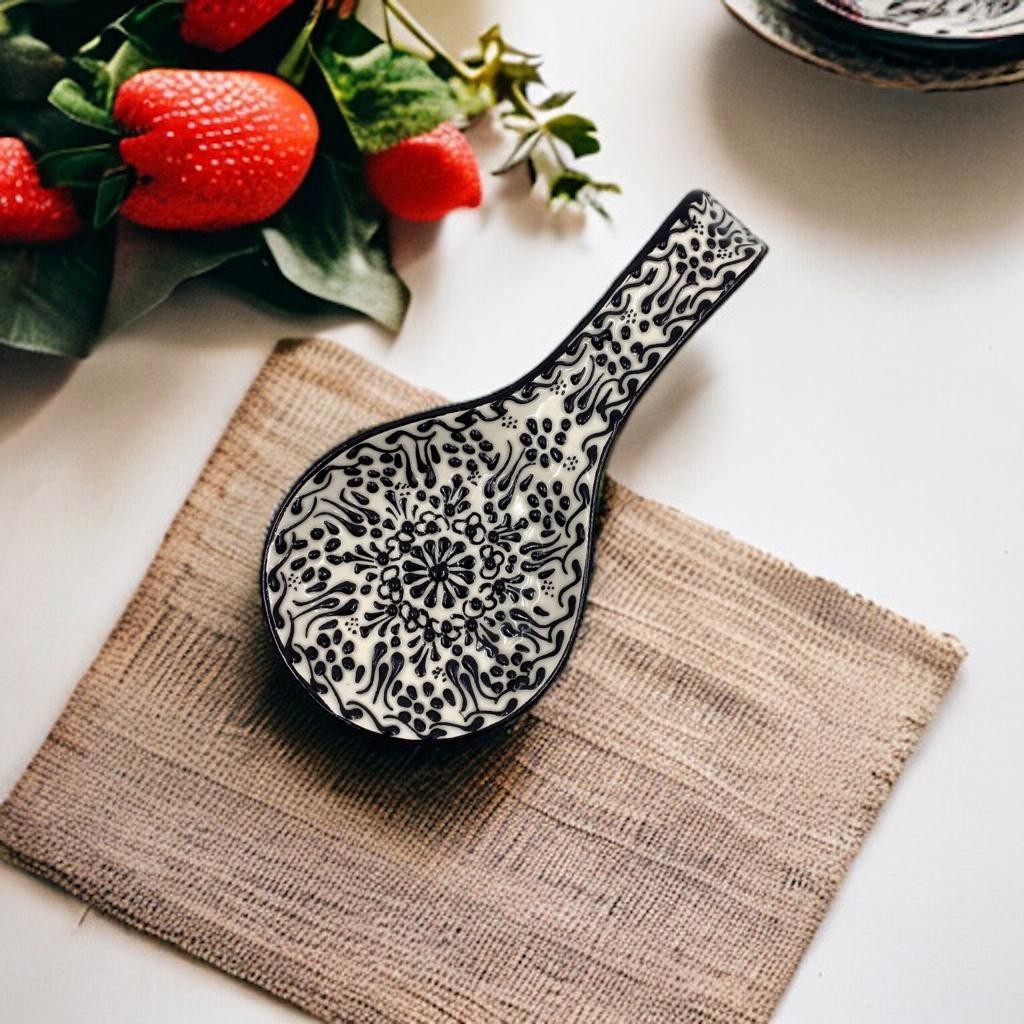 Hand Painted Ceramic Spoon Rest - Embossed Floral Patterns (Variety of Colors) - Oriental Black