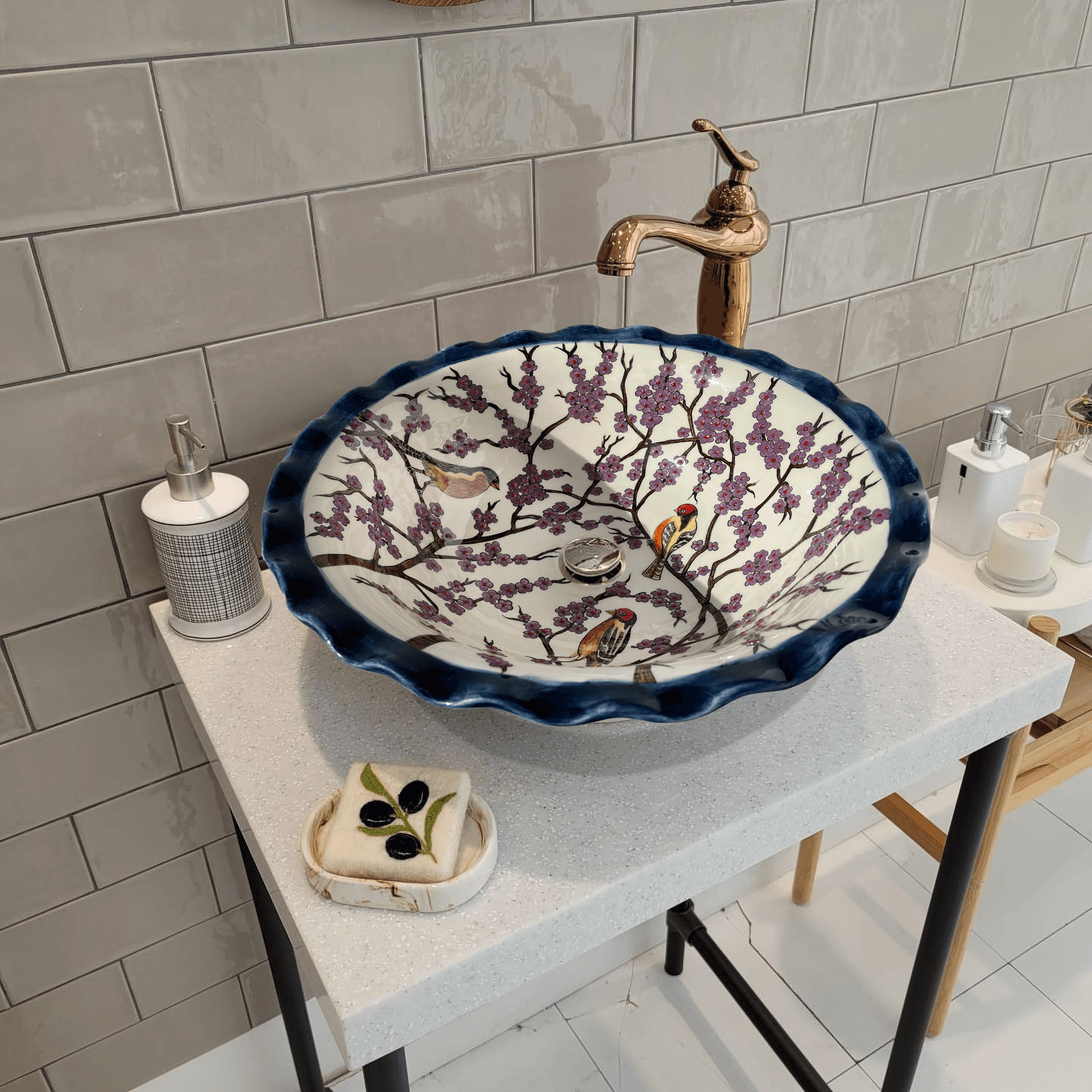 Hand Painted Bathroom Vanity Top Ceramic Vessel Sink - Hummingbird and Sakura