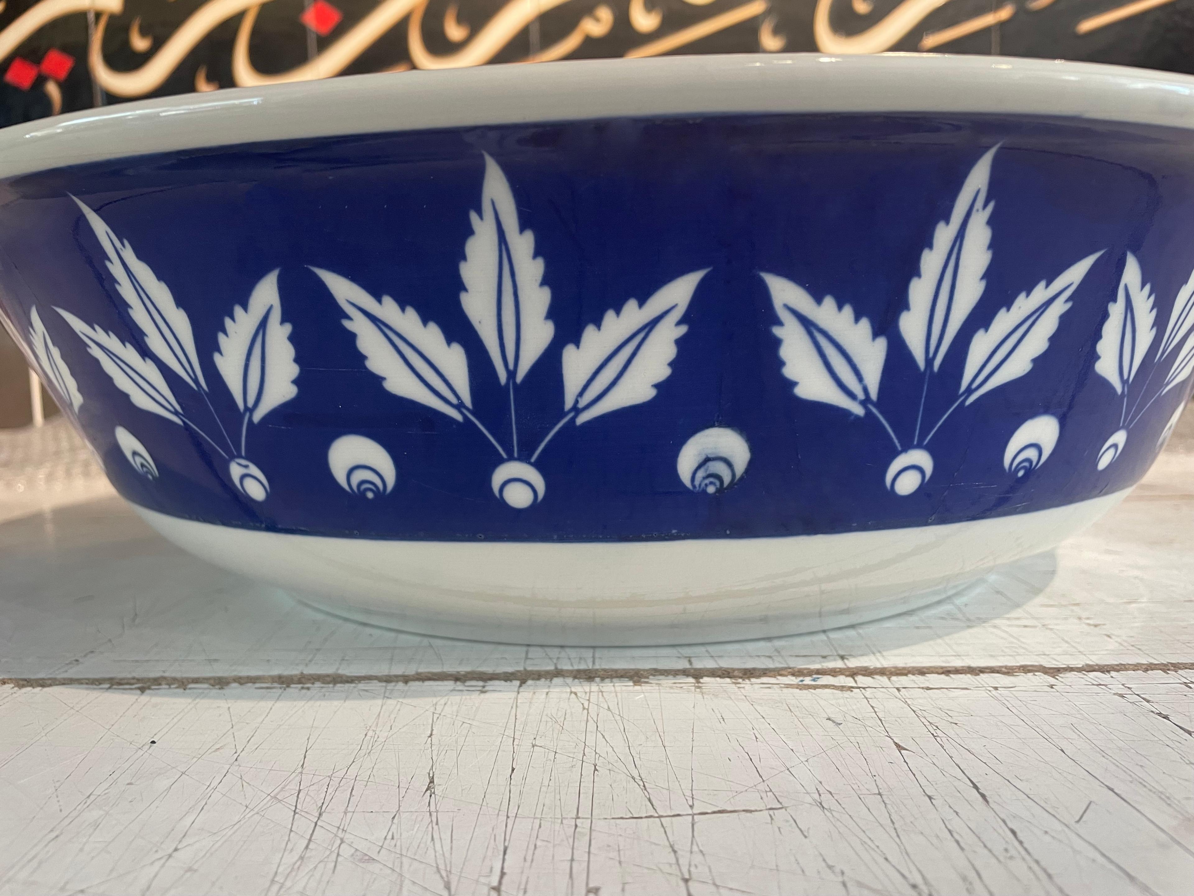 Hand Painted Bathroom Vanity Top Ceramic Vessel Sink - White Leaf and Blue Halic