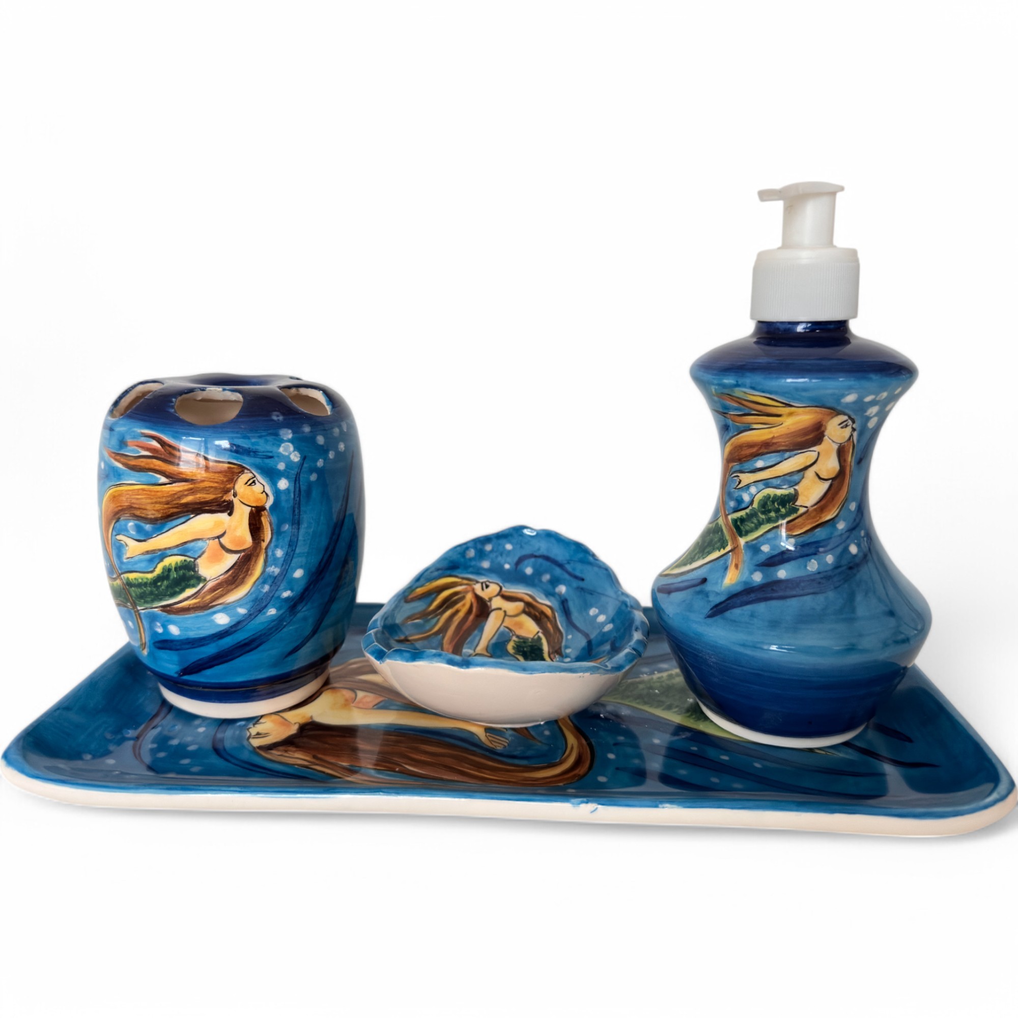 Hand Painted Ceramic Bathroom Accessory Set - Mermaid