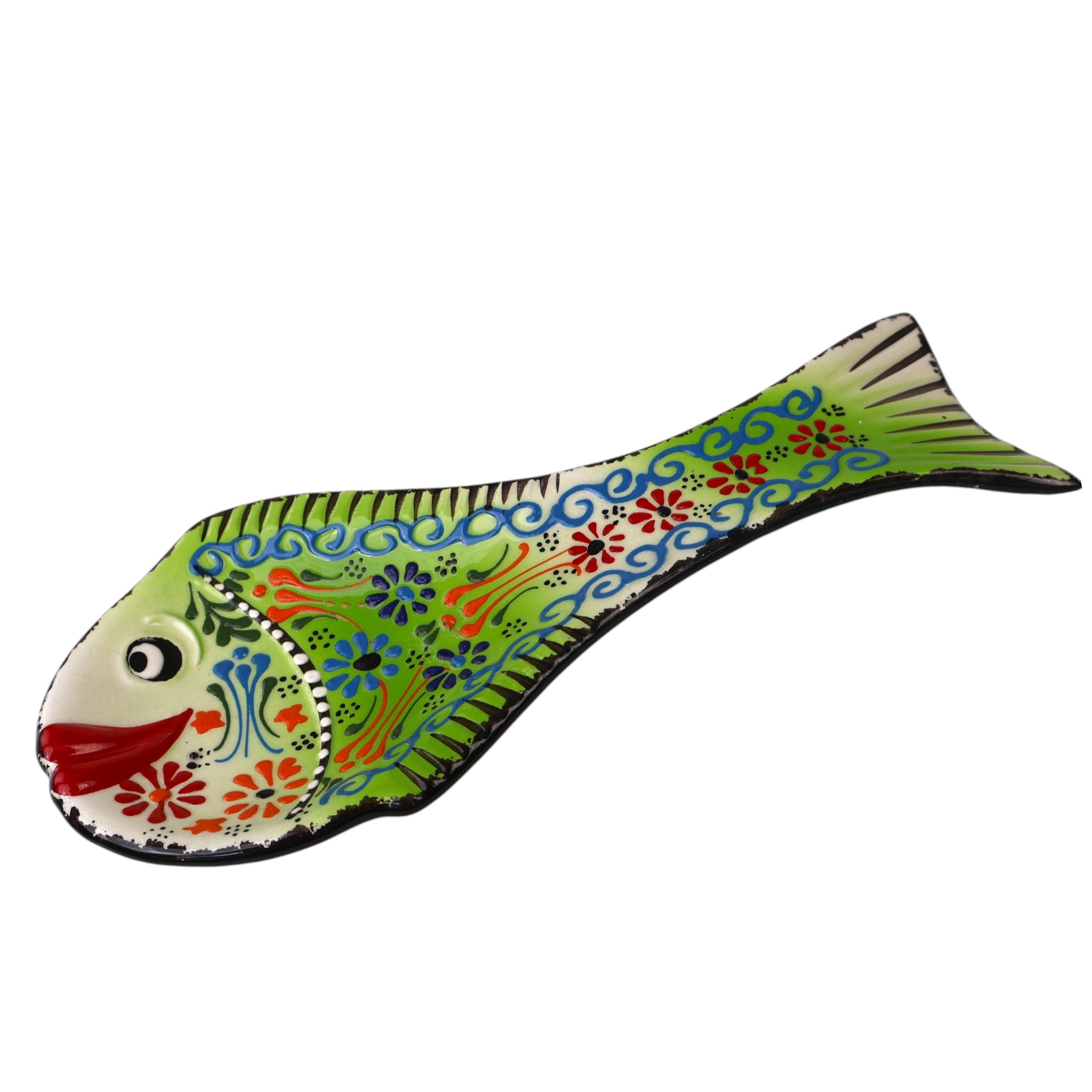 Handcrafted Fish Shaped Ceramic Spoon Rest - Raised Relief Floral Patterns (Variety of Colors) - Green