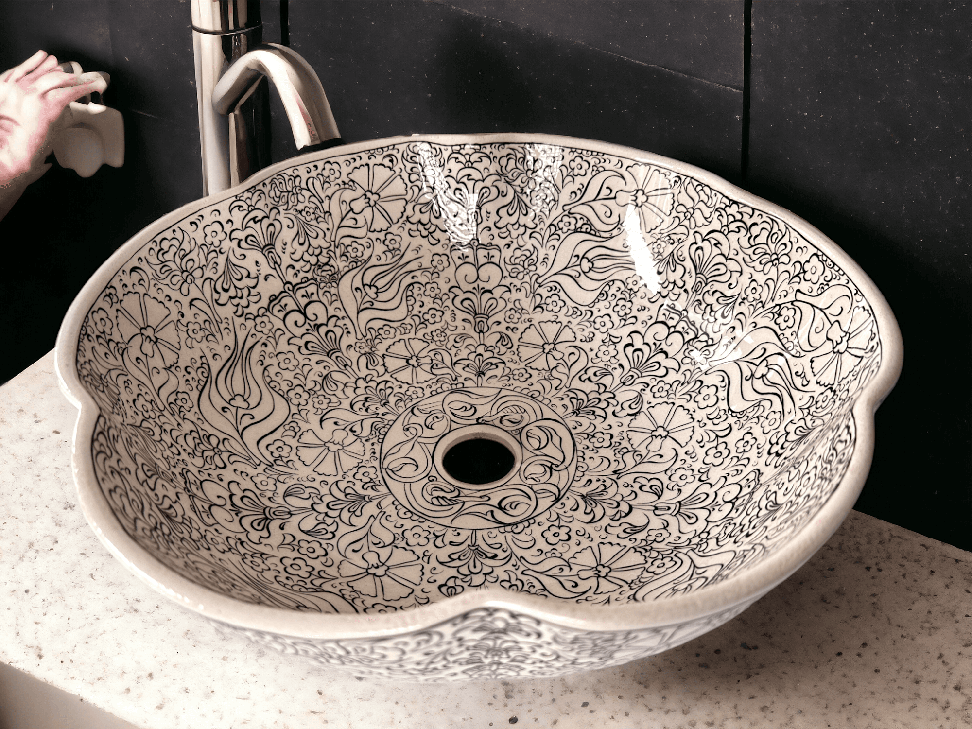 Hand Painted Above Counter Bathroom Flower Shaped Sink - Line Art Flower Motifs