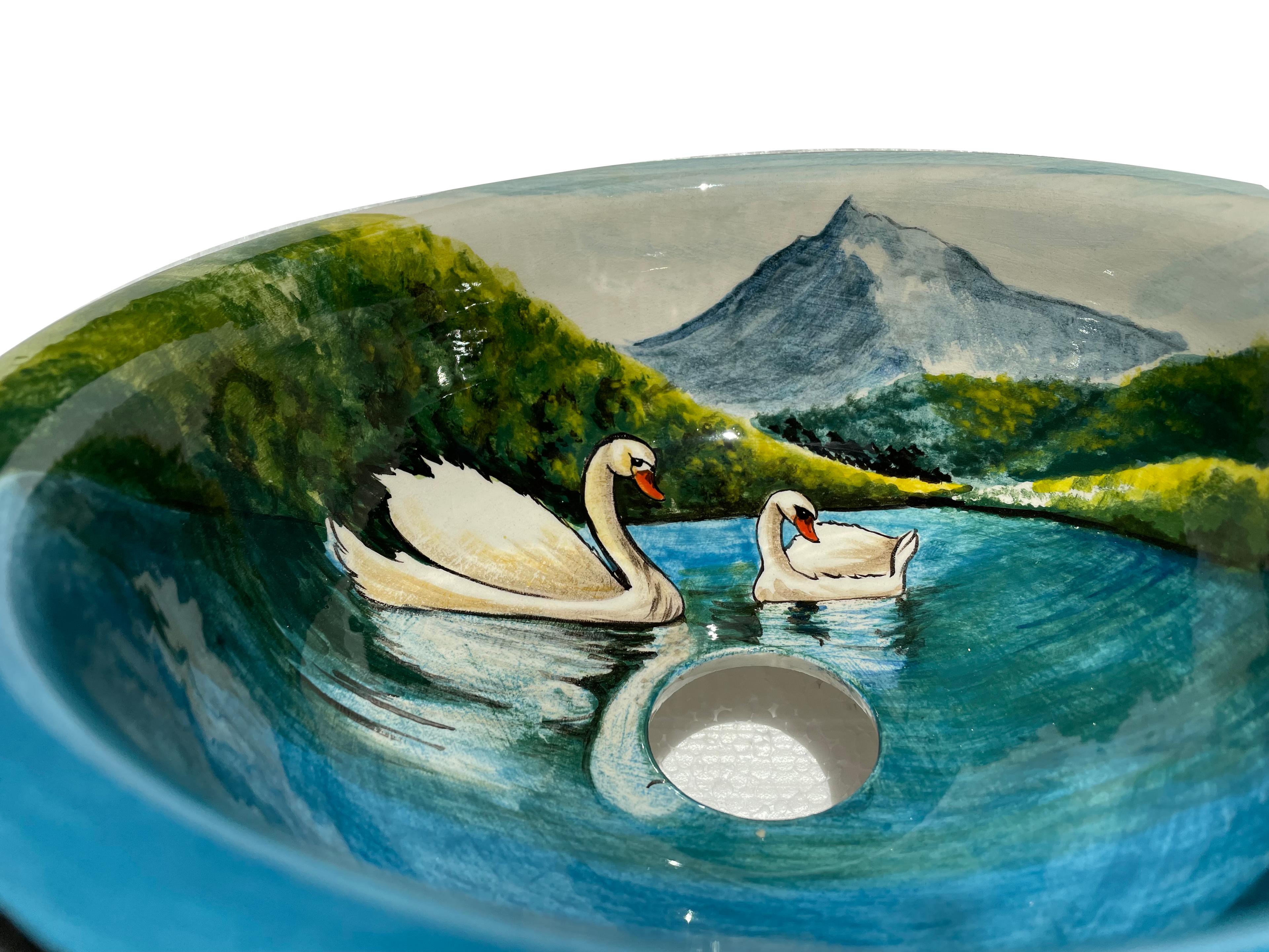 Hand Painted Bathroom Vanity Top Ceramic Vessel Sink - Swans