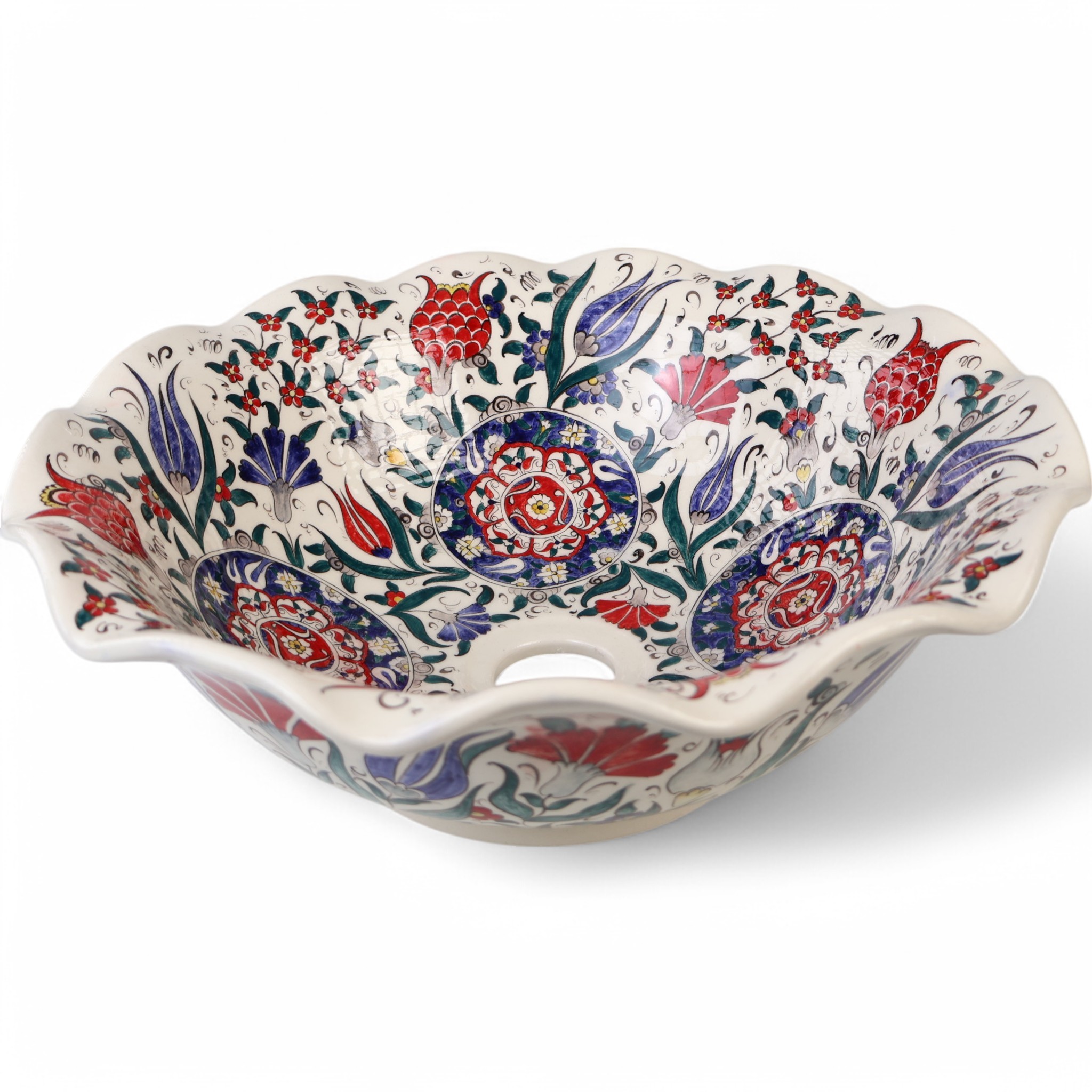 Turkish Ceramic Sink Bowl | Iznik-Inspired Vibrant Floral Ceramic Washbasin for Bathroom Remodeling