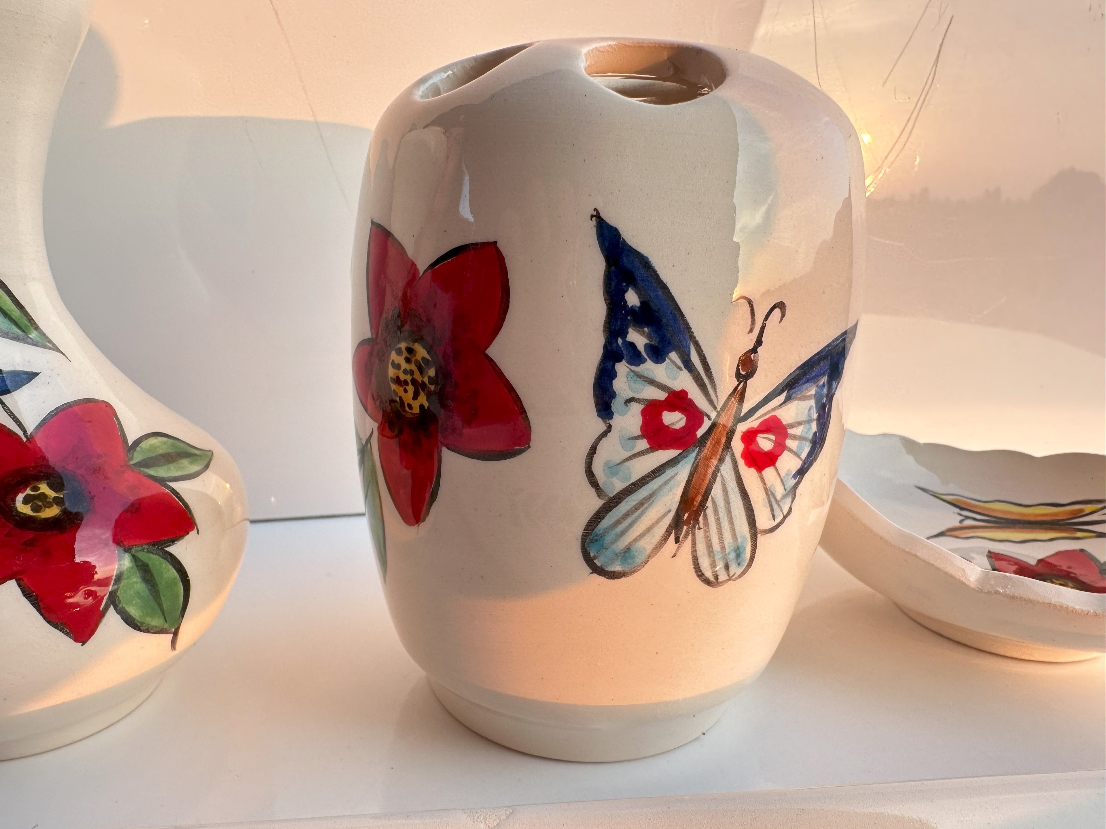 Hand Painted Ceramic Bathroom Accessory Set - Birds and Butterflies