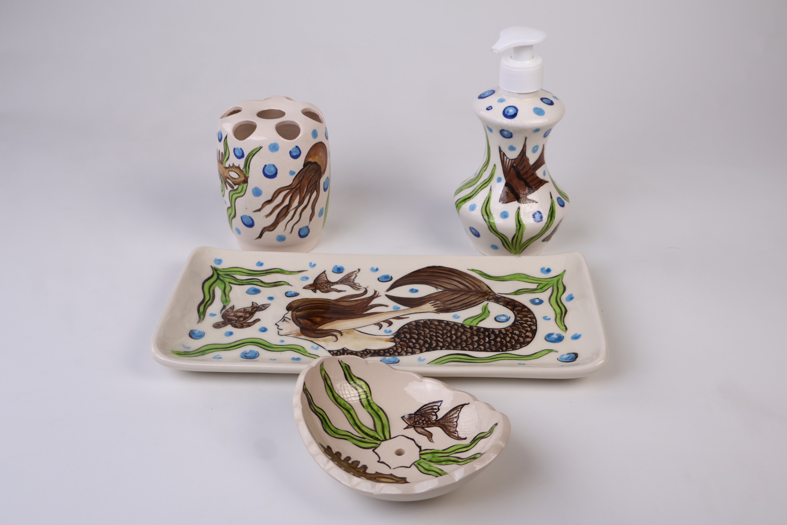 Zeem Ceramic Hand-Painted Bathroom Sets - Mermaid & Jellyfish Premium Handmade Design