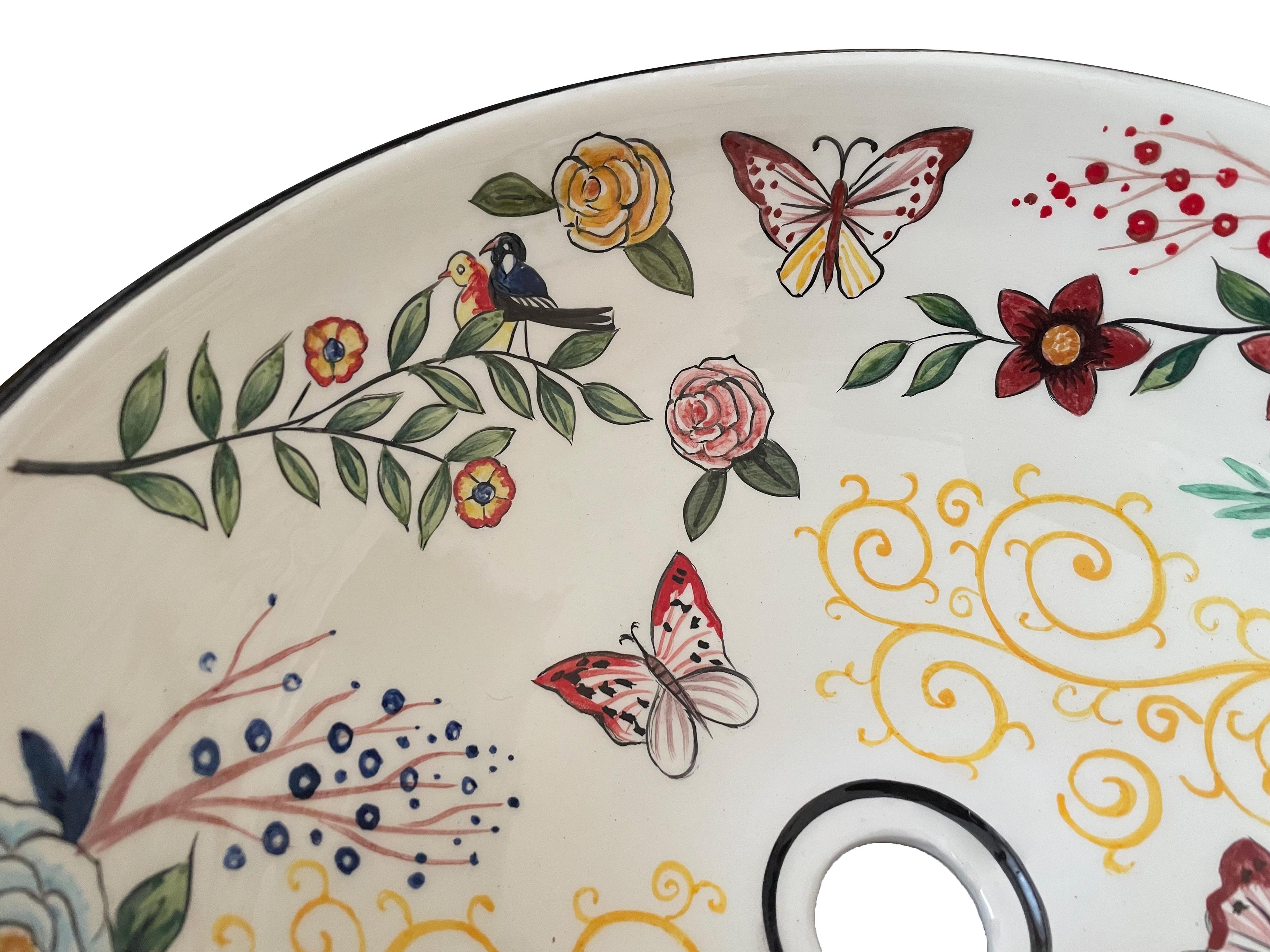 Bathroom Countertop Ceramic Vessel Sink - Butterfly and Flowers