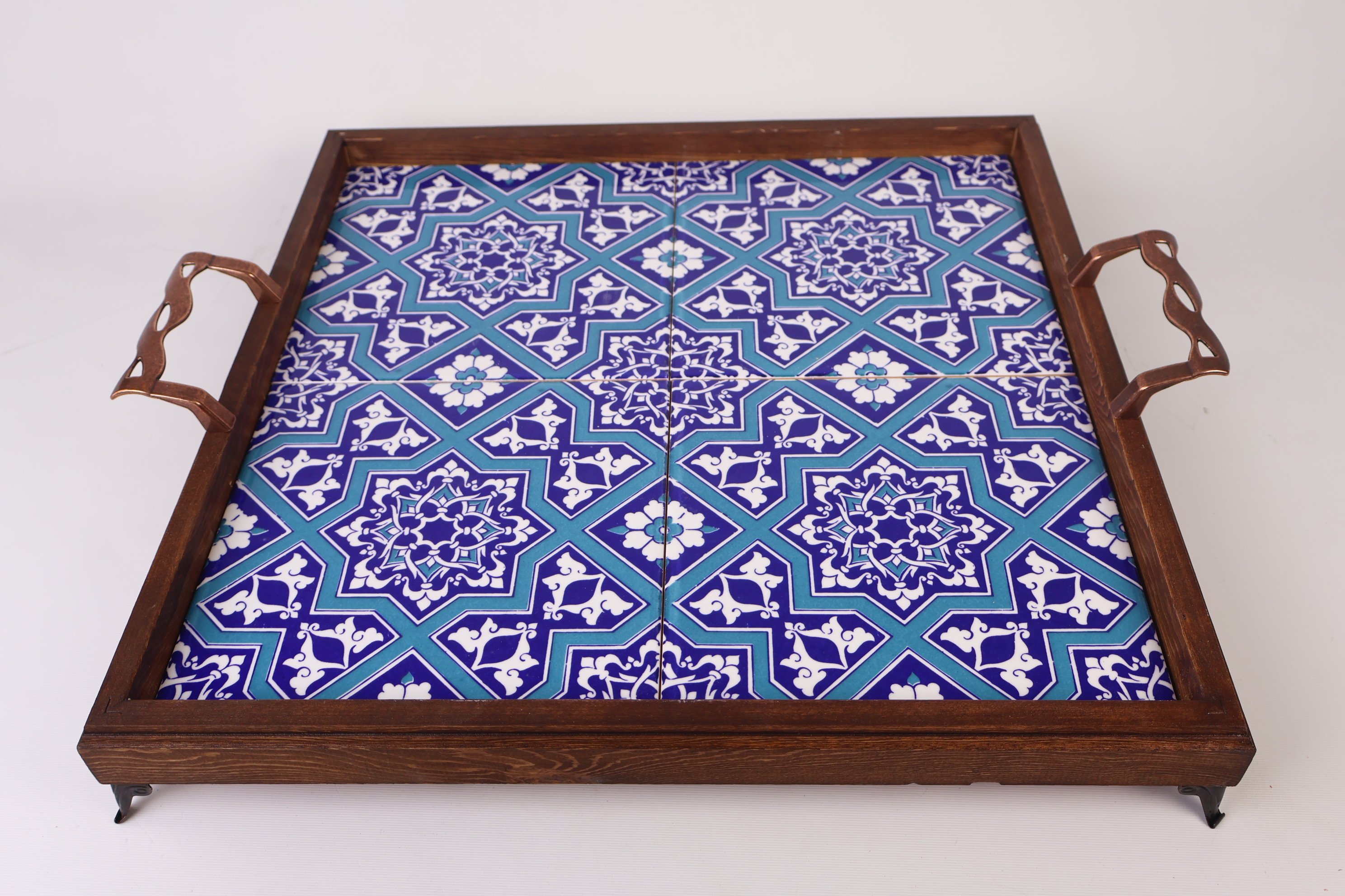 Large Wooden Serving Tray with Handles | Mexican & Turkish Tile Serving Platter | Ideal for Charcuterie, Cheese, Fruits & Appetizers