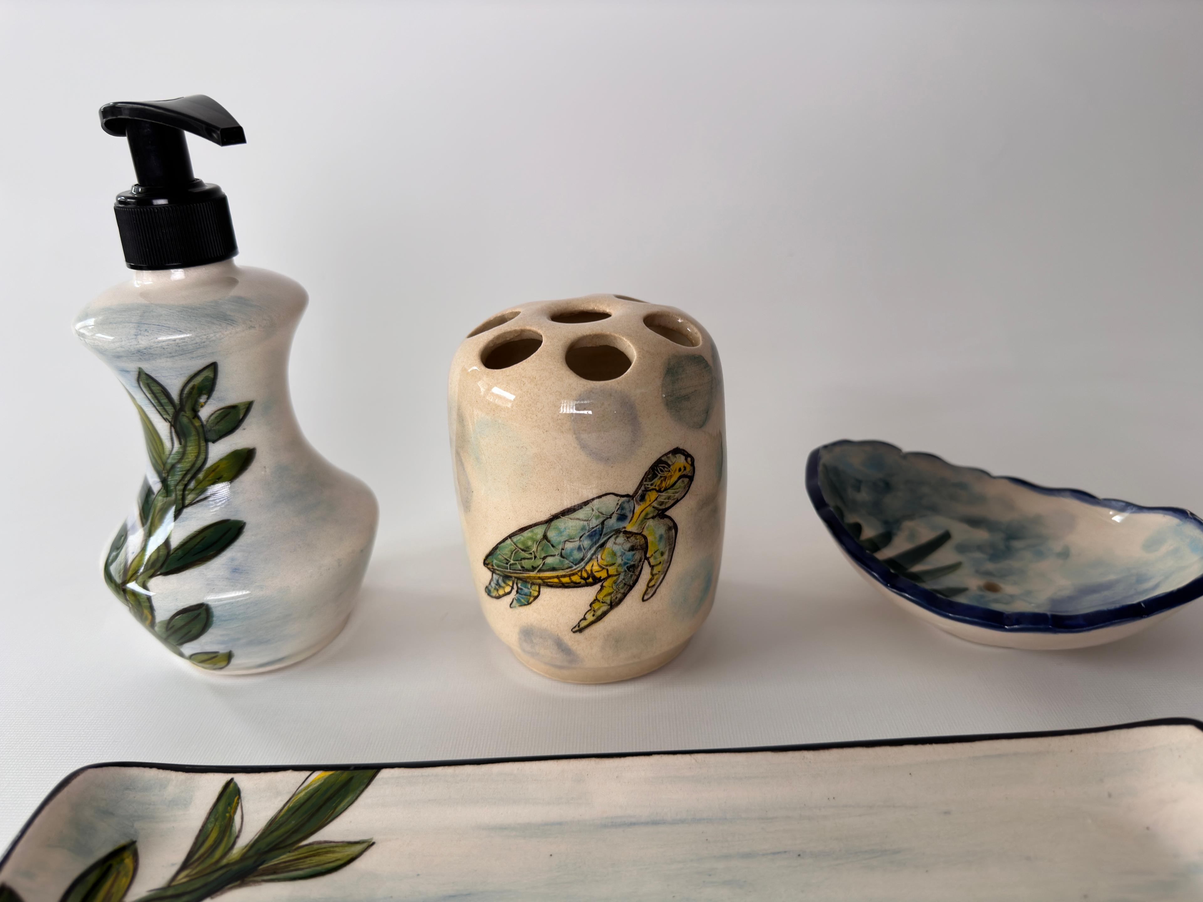 Hand Painted Ceramic Bathroom Accessory Set - Sea Turtle